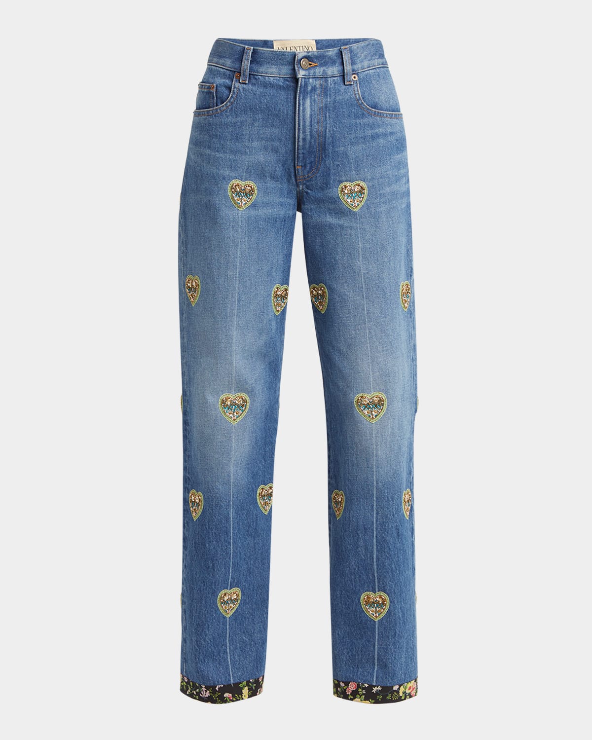 Valentino Embroidered Heart Denim Pants With Floral Boarder In Blue