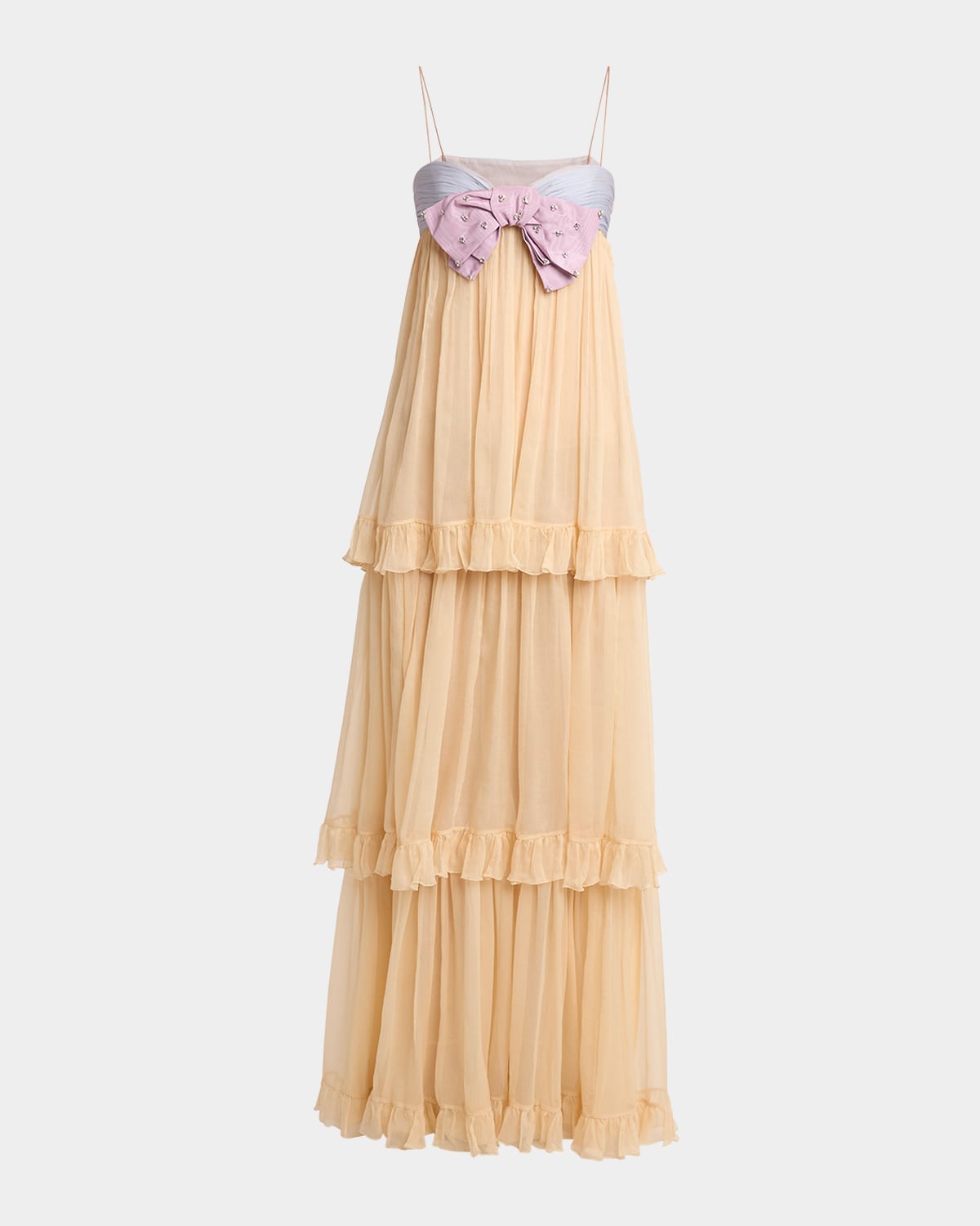 Valentino Crystal Creponne Bow Tiered Chiffon Babydoll Gown In Brown