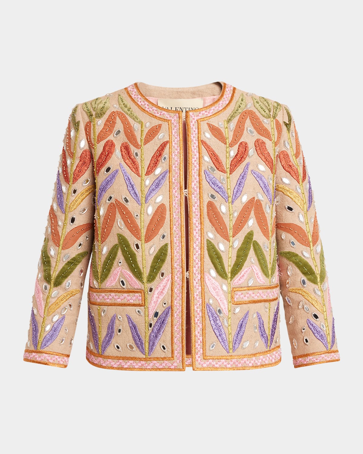 Valentino Beaded Leaf-embroidered Linen Jacket