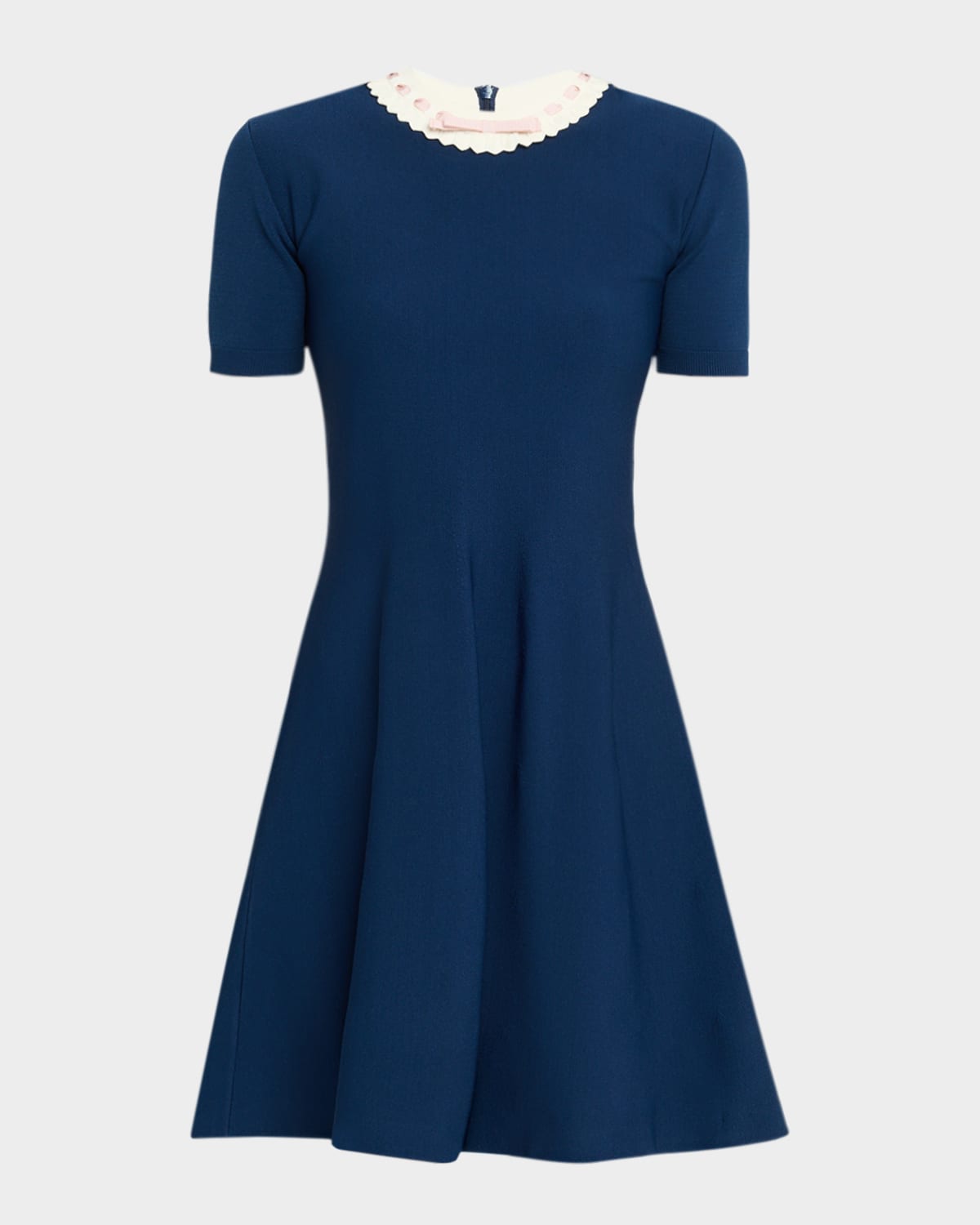 Valentino Ribbon Ruffle-trim Knit Mini Dress In Blue