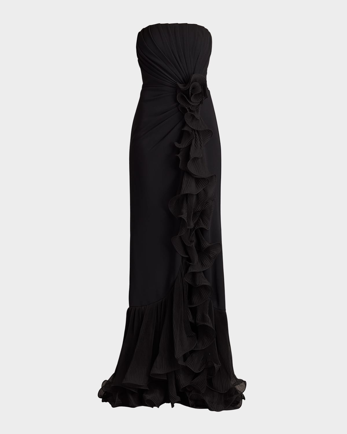 Tadashi Shoji Pleated Strapless Ruffle Gown In Black