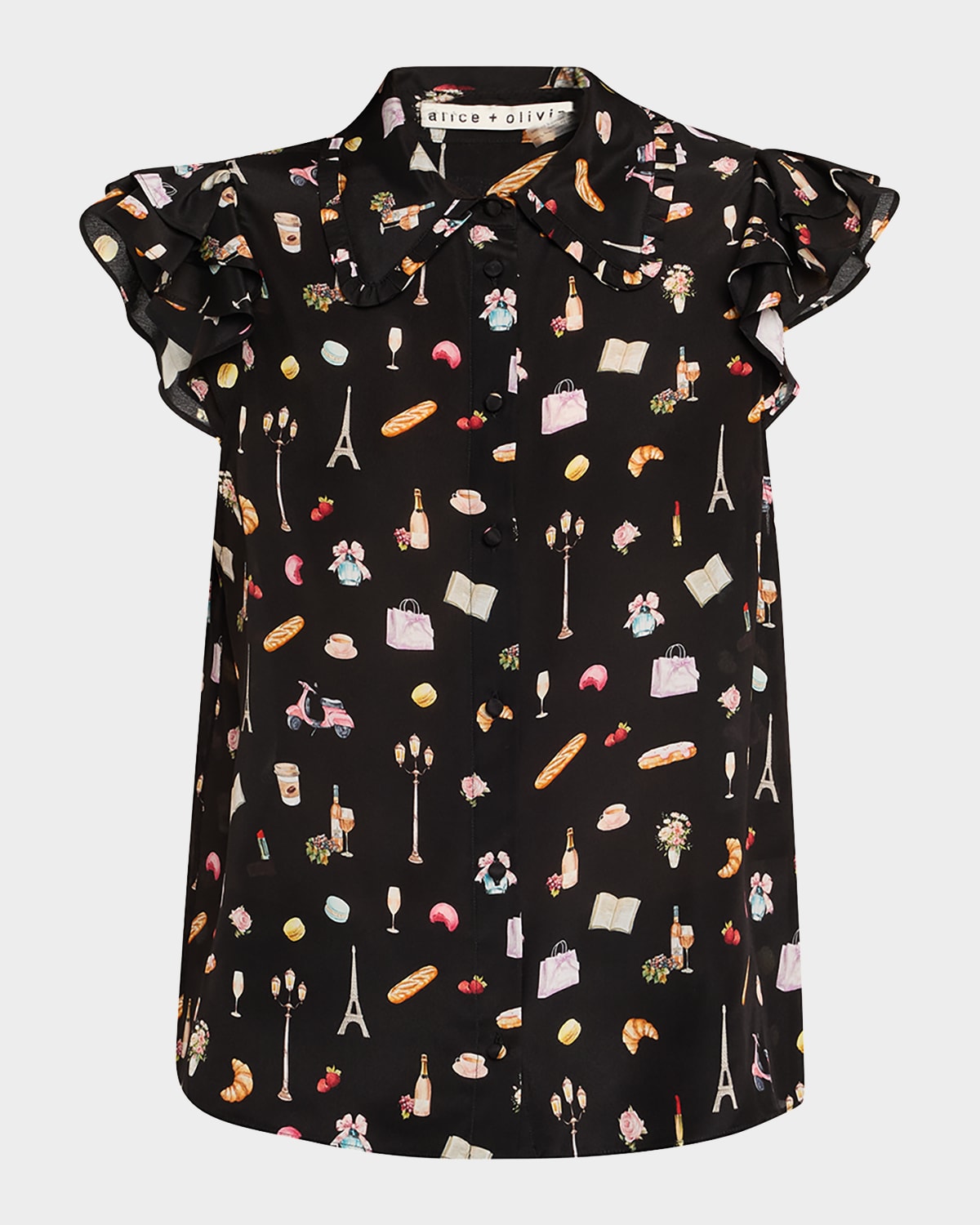 Alice And Olivia Martel Flutter-sleeve Blouse In Black Multi
