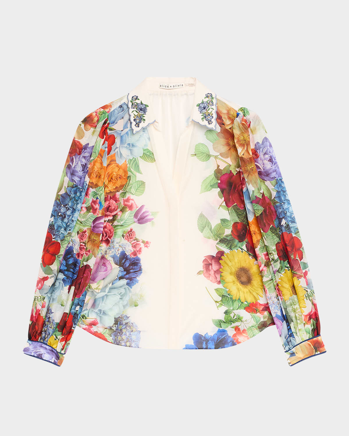 Shop Alice And Olivia Roanne Floral Button-front Blouse In Garden Brunch Off White