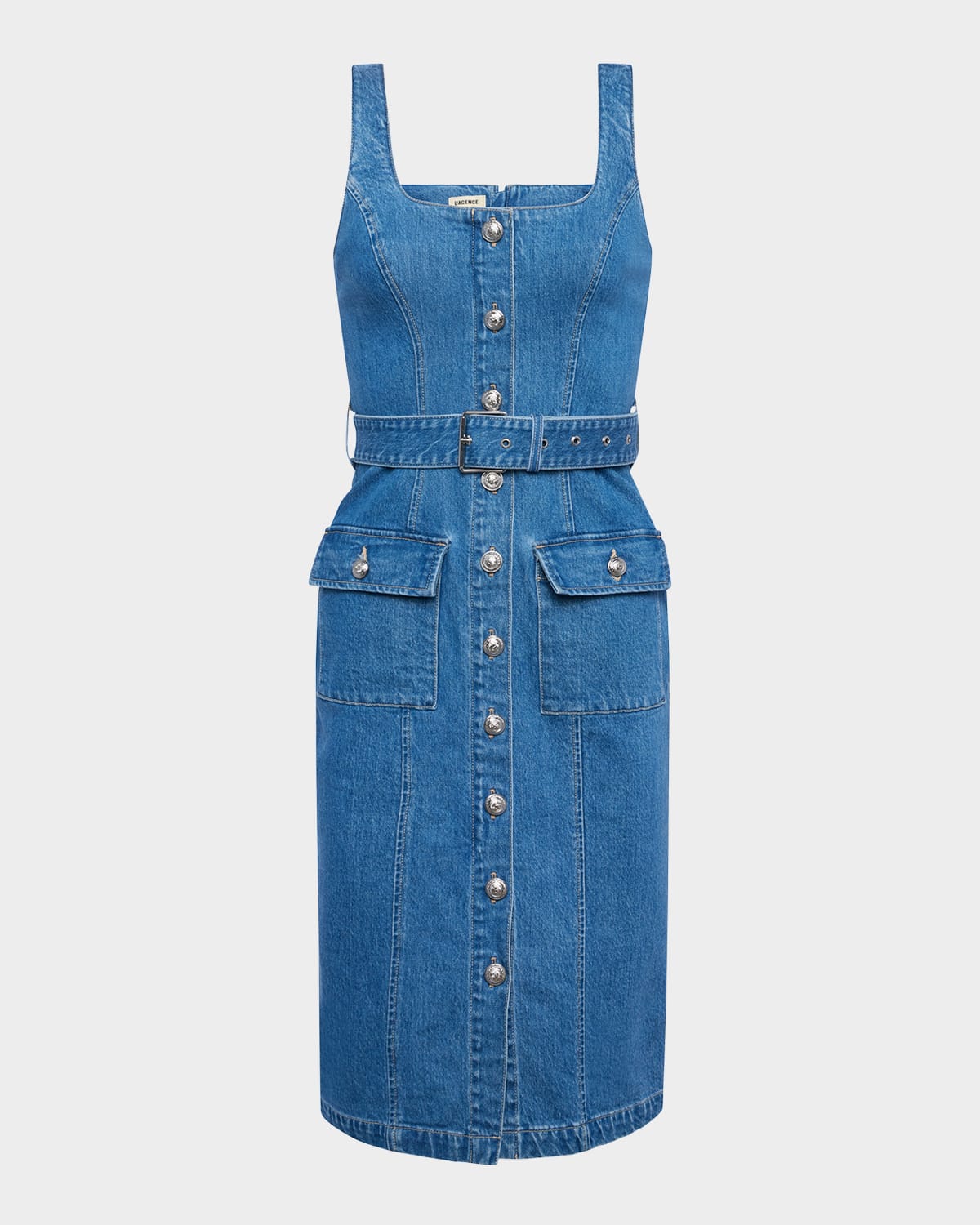 L AGENCE MIDY BUTTON-FRONT DENIM TANK DRESS 