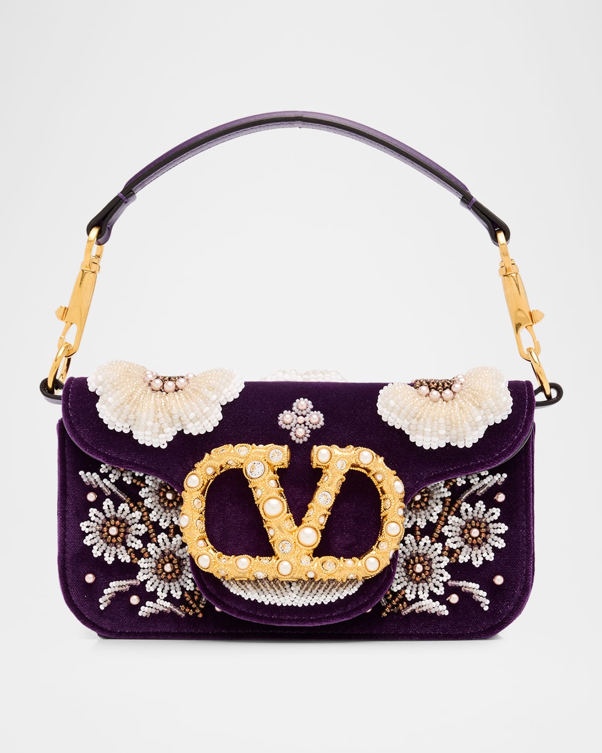 Valentino Garavani Loco Small Peonies Beaded Velvet Shoulder Bag
