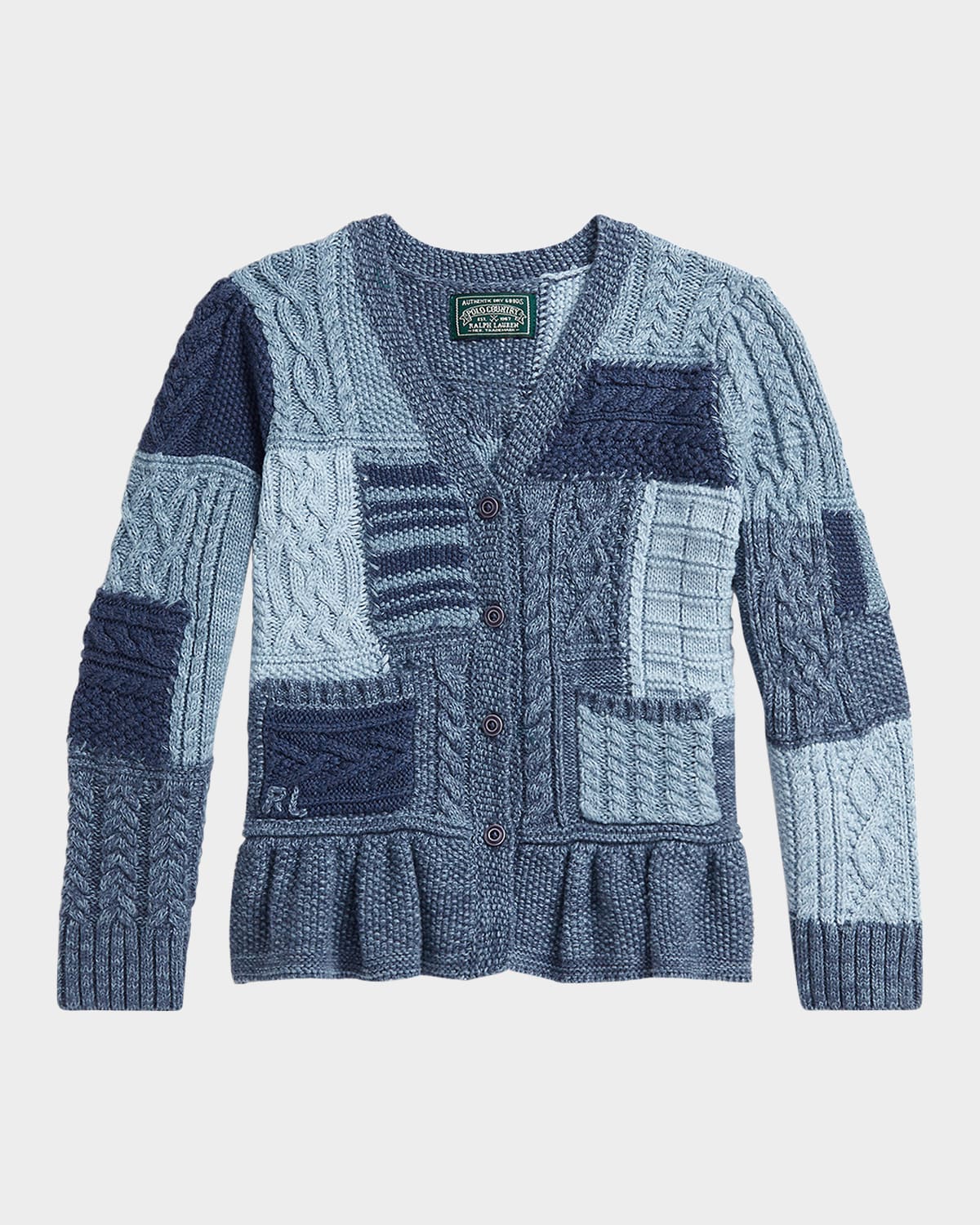 Shop Ralph Lauren Girl's Cotton Patchwork Cardigan Sweater In Blue Heather Multi