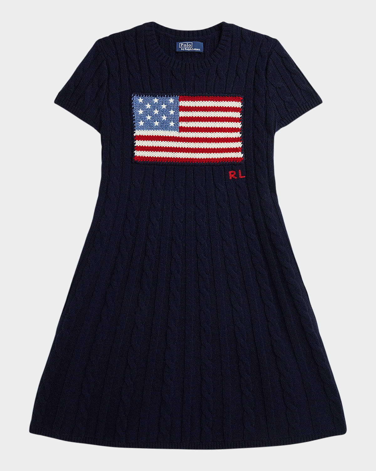 Ralph Lauren Girl's American Flag Cashmere Cable Knit Dress In Refined Navy Multi