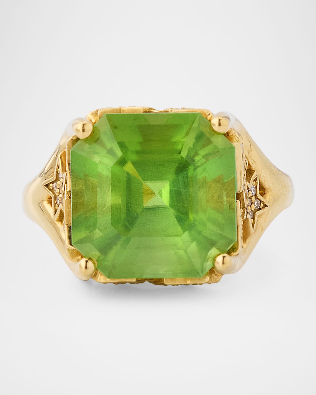 18K Yellow Gold Asscher Peridot and Diamond Star Ring
