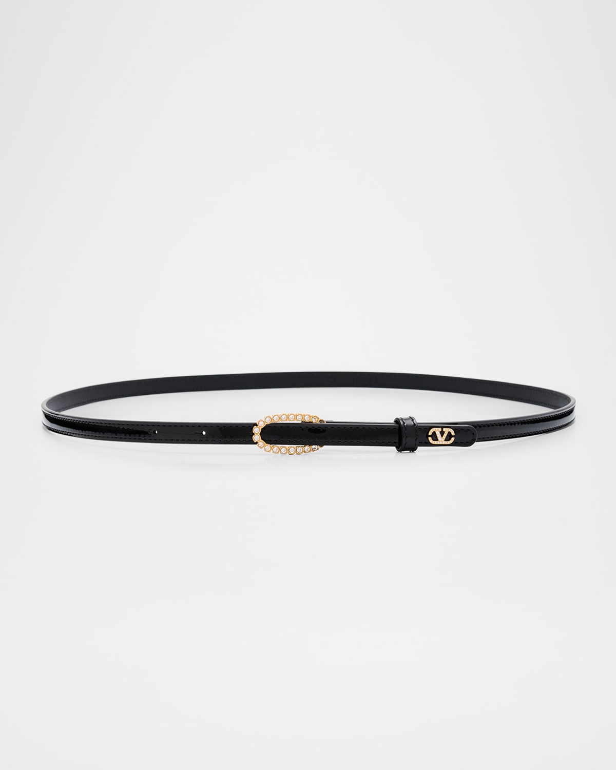 Valentino Garavani Vlogo Signature Vernice Rhinestone Thin Leather Belt In Black