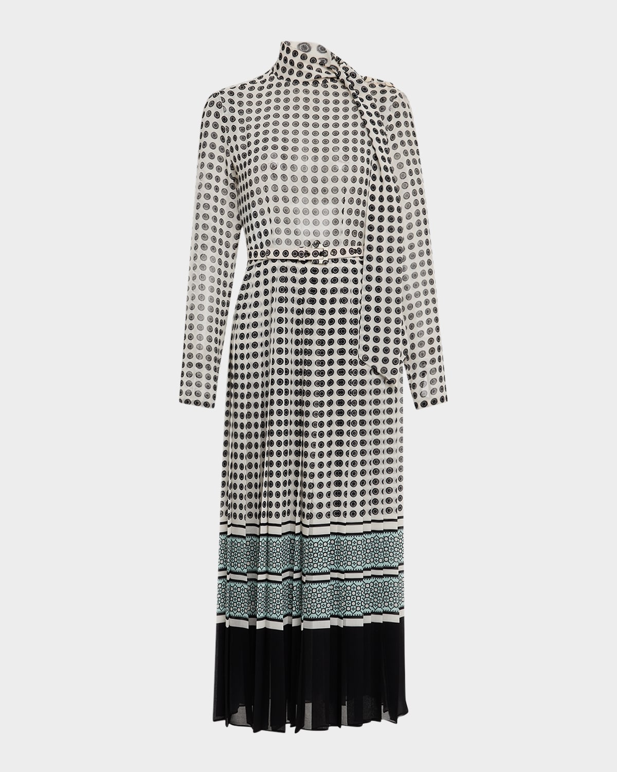 Scarf-Neck Pleated Midi Day Dress With Belt