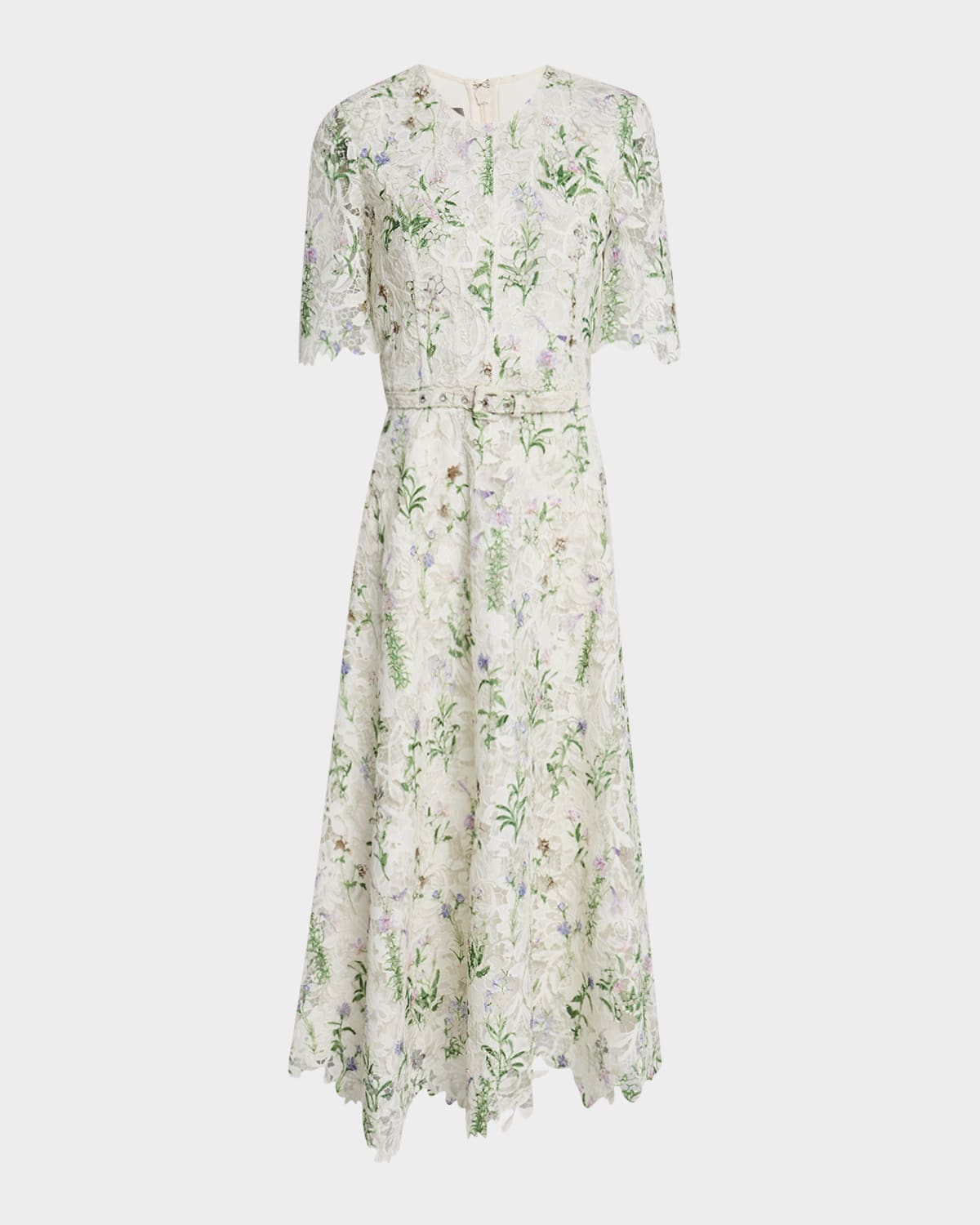 Monique Lhuillier Floral-Print Lace Short-Sleeve Midi Day Dress With Belt