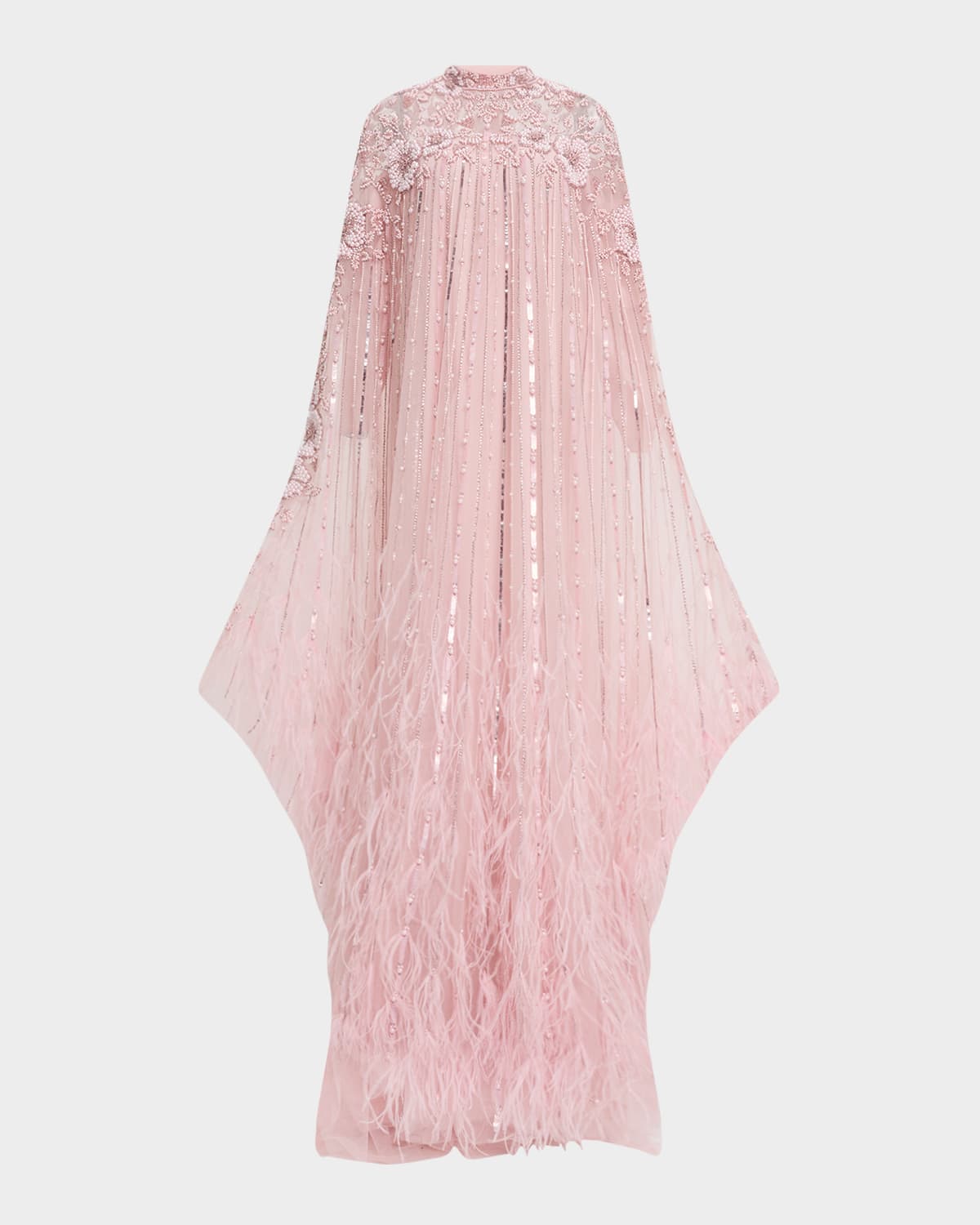 Pamella Roland Bead Embroidered Feather Tulle Caftan Gown