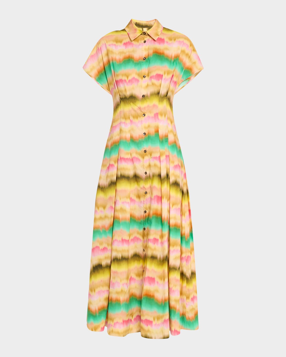 Sunset Pleated Short-Sleeve Midi Shirtdress