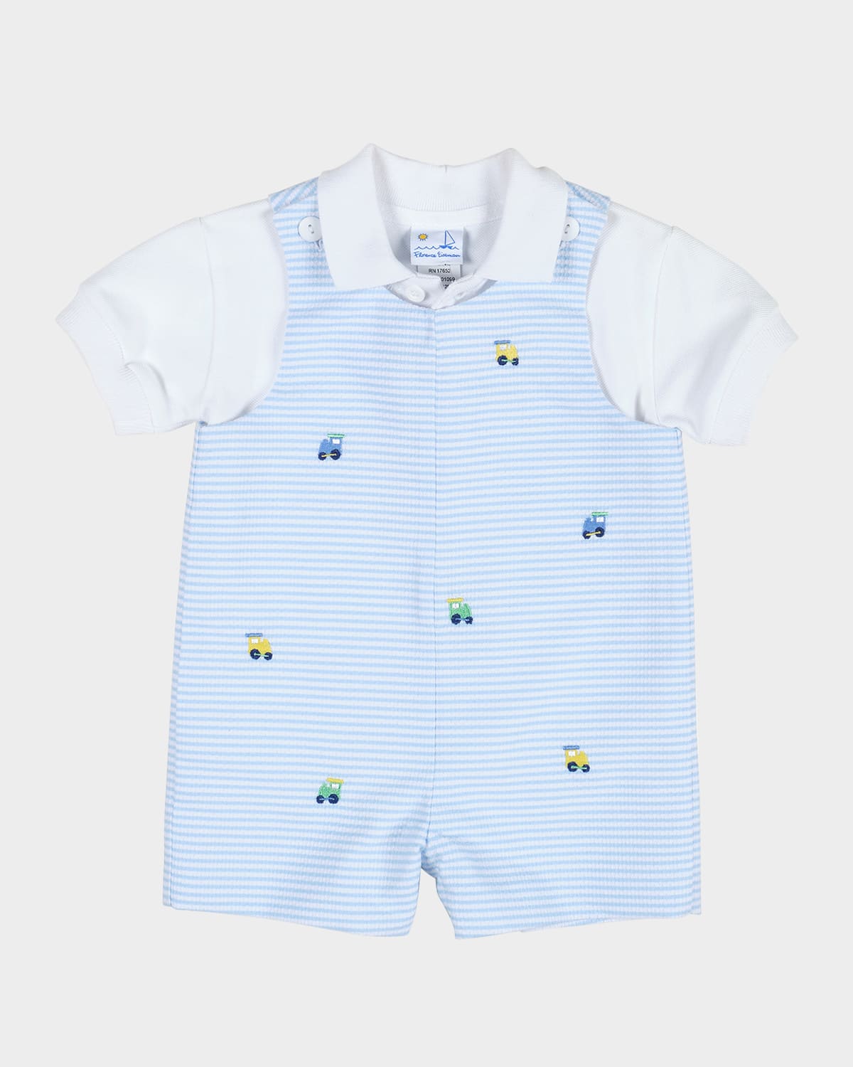 FLORENCE EISEMAN BOY'S STRIPED EMBROIDERED TRAINS SHORTALL W/ POLO SHIRT 
