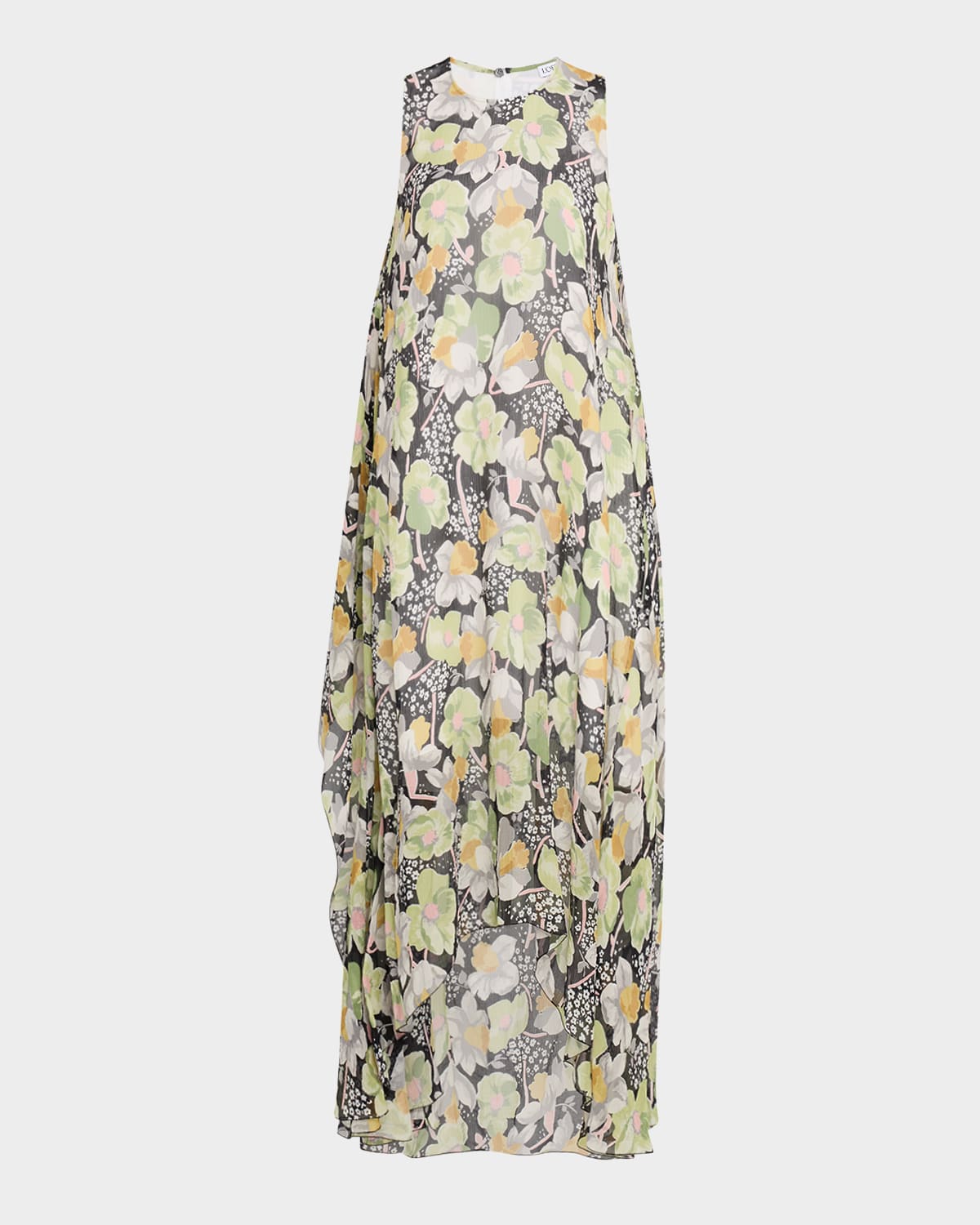 Loewe Floral Print Hoop Skirt Maxi Chiffon Silk Dress In Black Multicolor