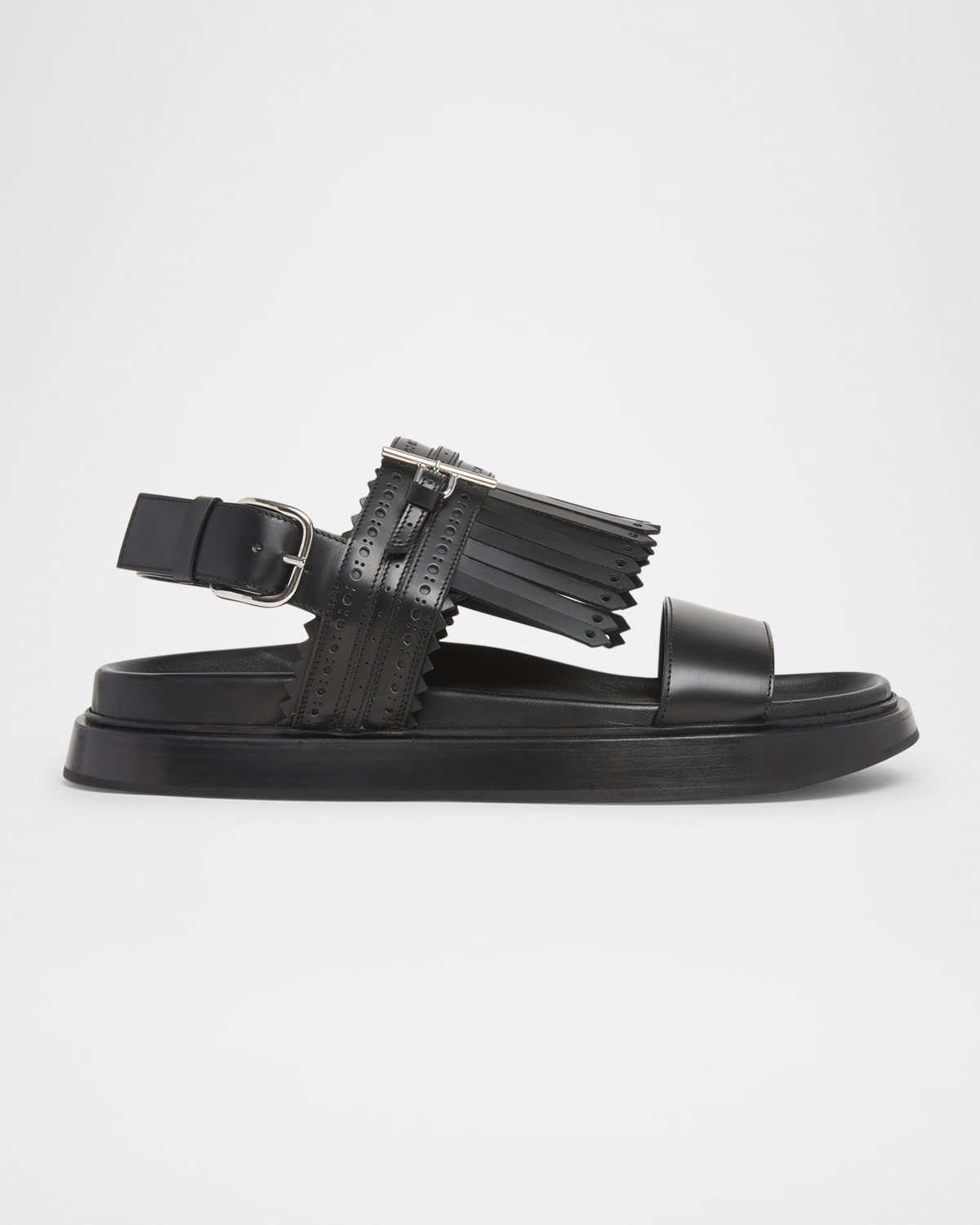 Alexander Mcqueen Brogue Fringe Leather Sandals In Blk Silver