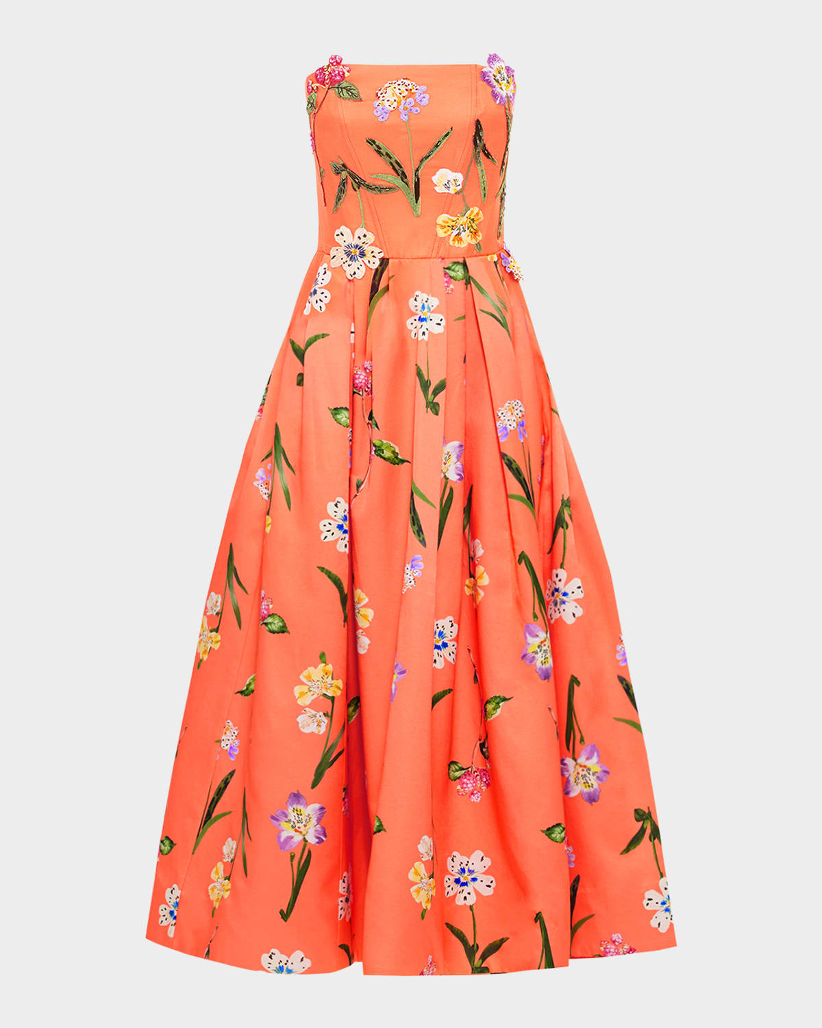 Shop Leo Lin Lynn Pleated Floral-print Bustier Midi Dress In Wild Flower In Coral