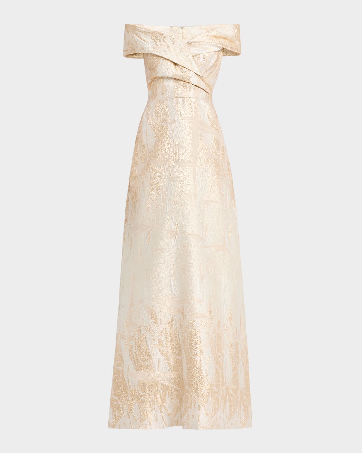 Rickie Freeman For Teri Jon Off-shoulder Metallic Jacquard Gown In Champagne Gold