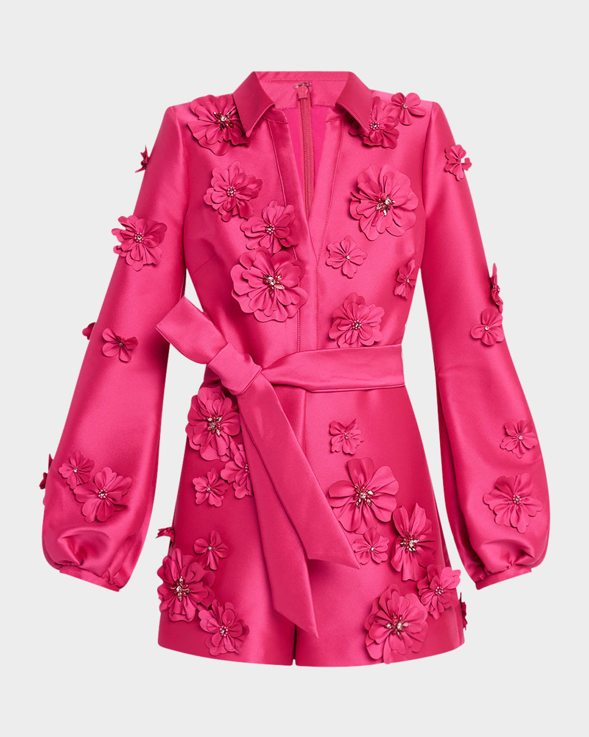 Blouson-Sleeve Floral Applique Romper