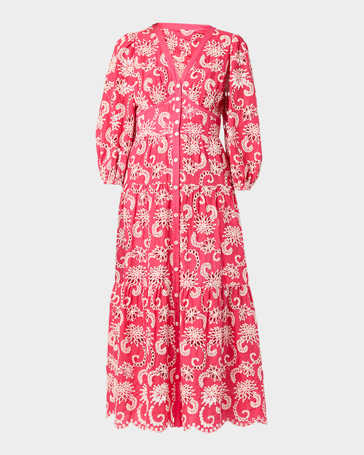 Shoshanna Sicily Tiered Eyelet-embroidered Midi Dress In Raspberryivory