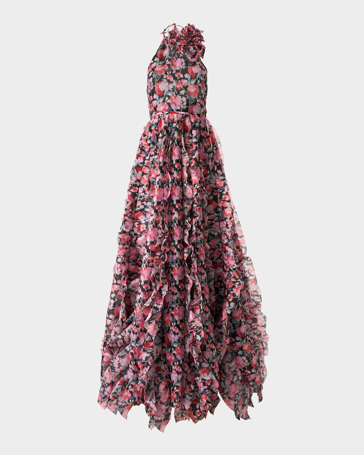 Carolina Herrera Corsage Halter Floral Ruffle Gown