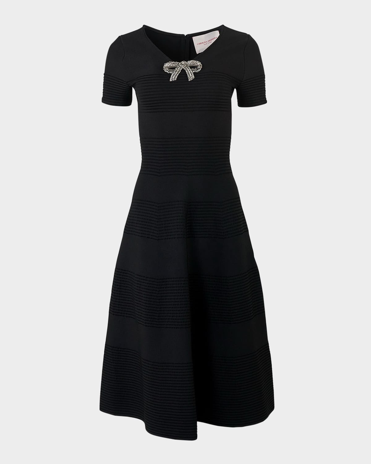Carolina Herrera Crystal Bow V-neck Flare Dress In Black