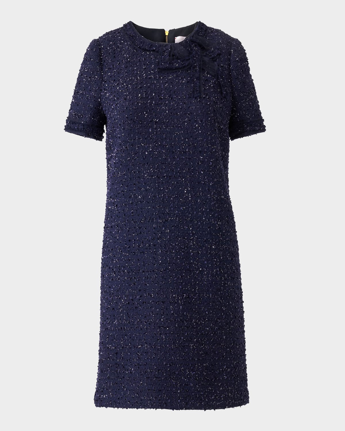 Carolina Herrera Bow-Neck Short-Sleeve Tweed Mini Dress