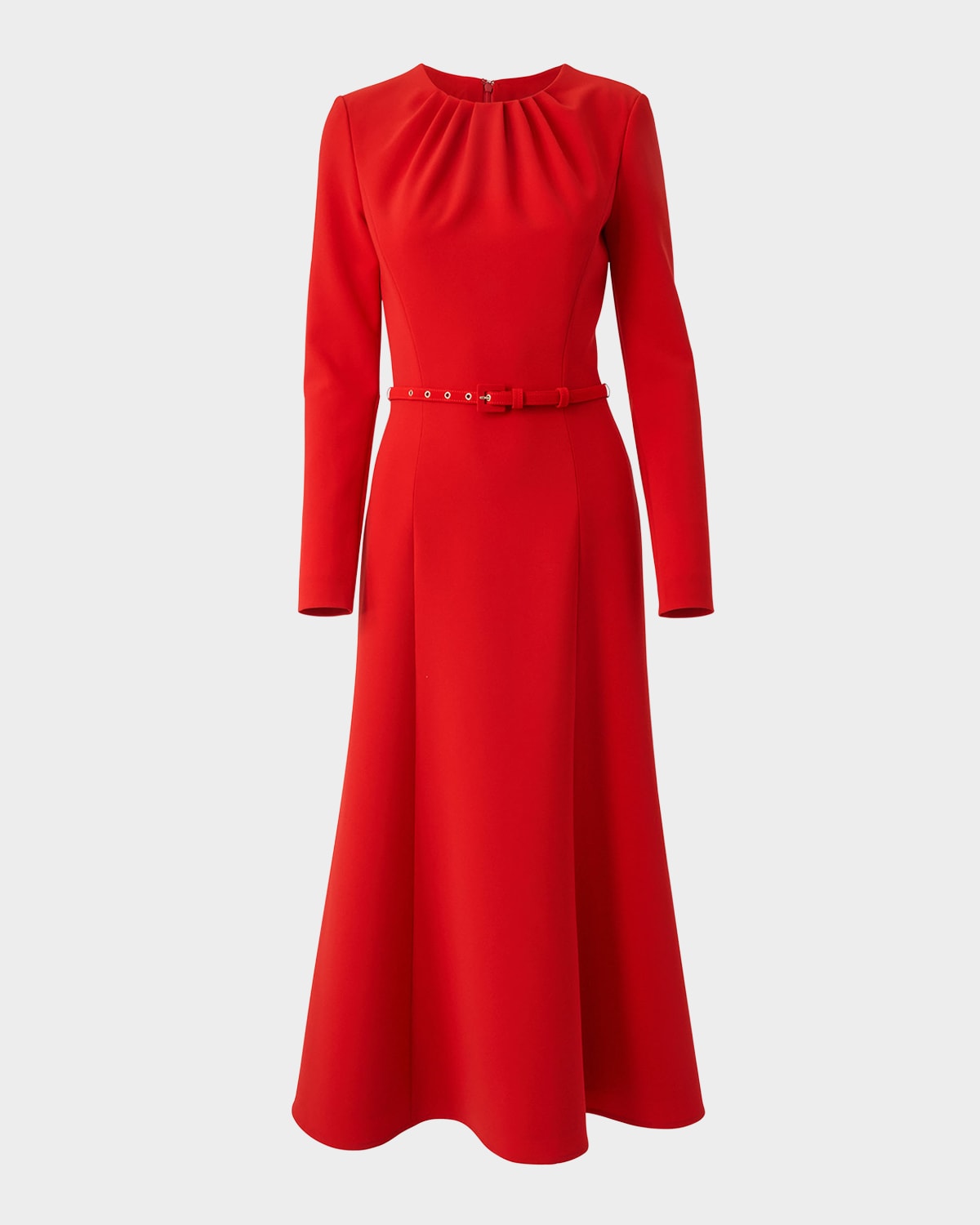Carolina Herrera Gathered Neck Belted Long-sleeve Midi Dress