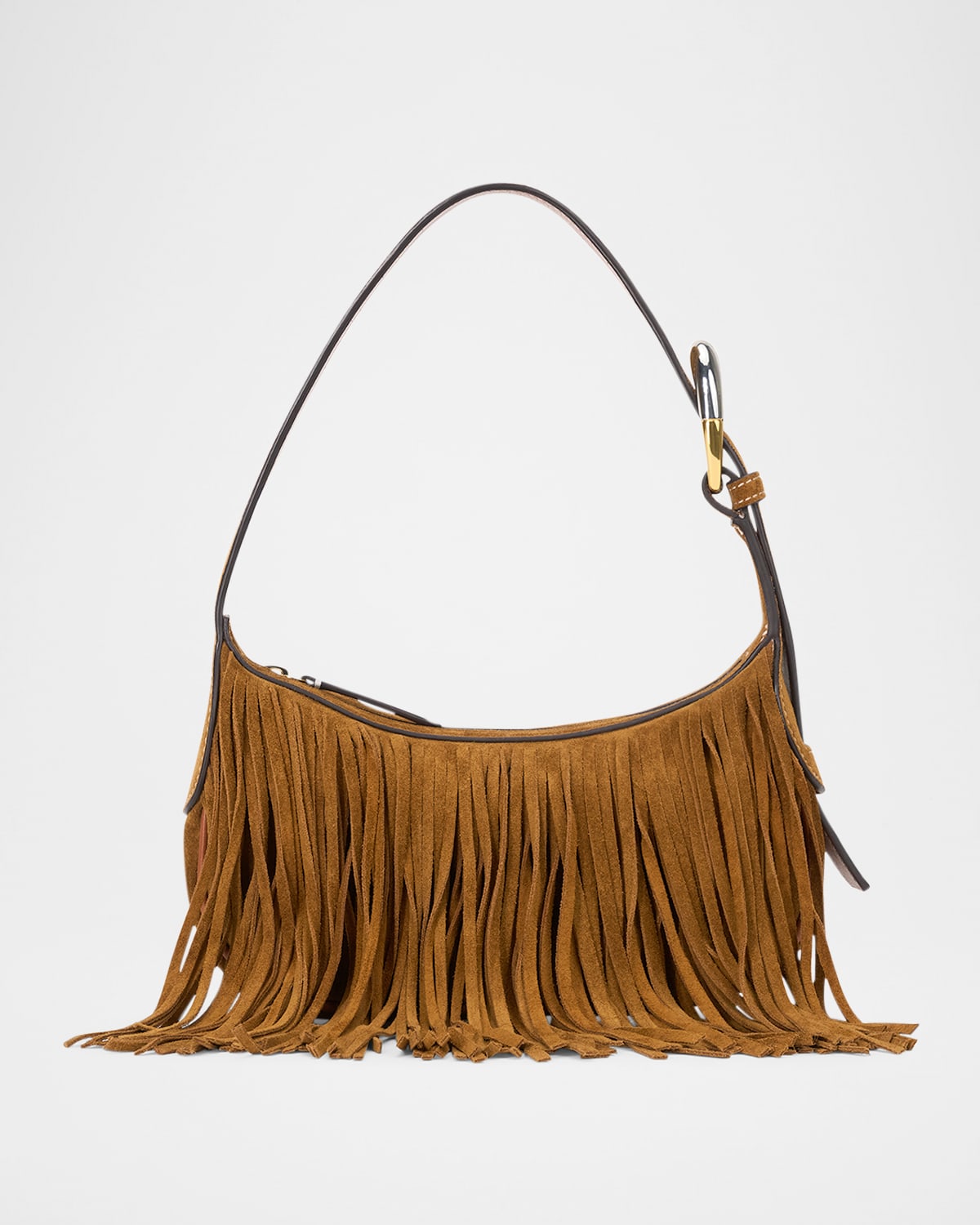 Staud Owen Leather-trimmed Fringed Suede Shoulder Bag In Brown