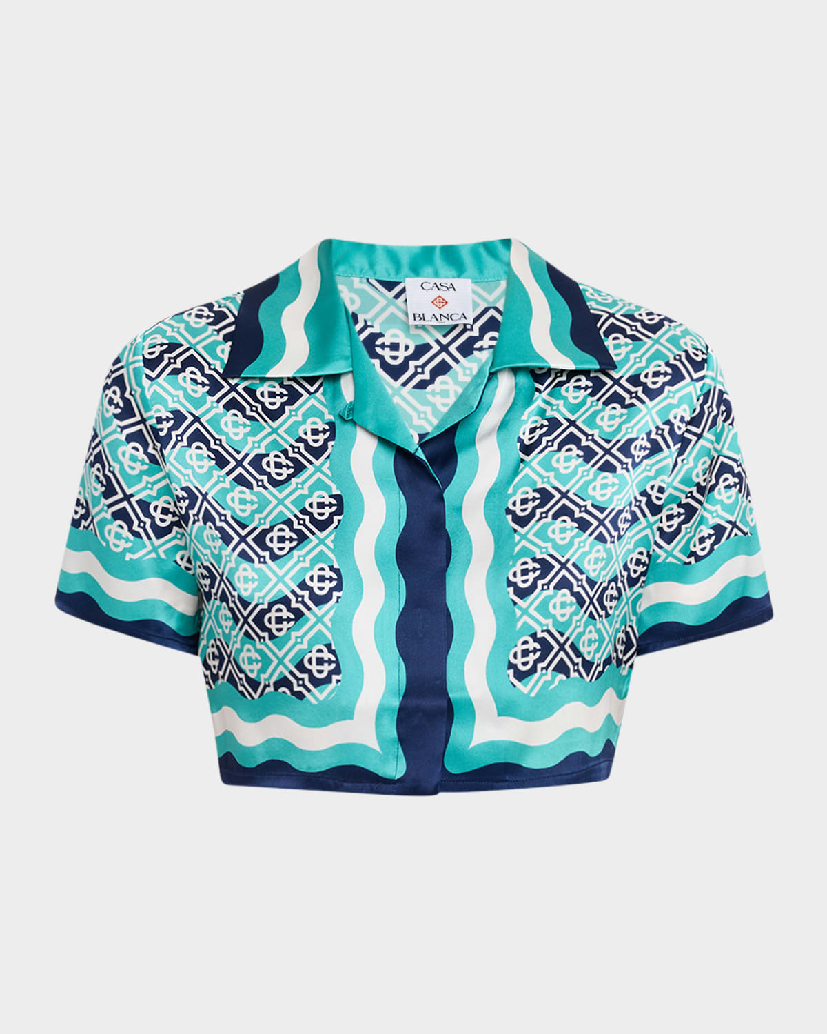 Casablanca Wavy Monogram Print Silk Crop Camp Shirt