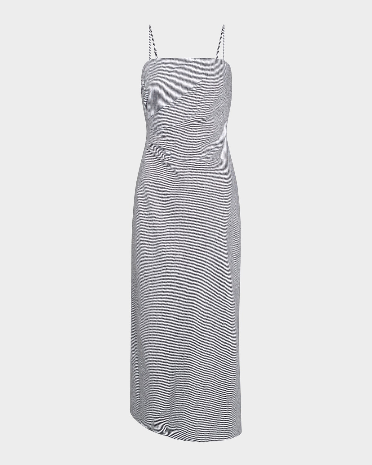 Vince Ticking Stripe Draped Strapless Midi Dress In Iris Slateoff White