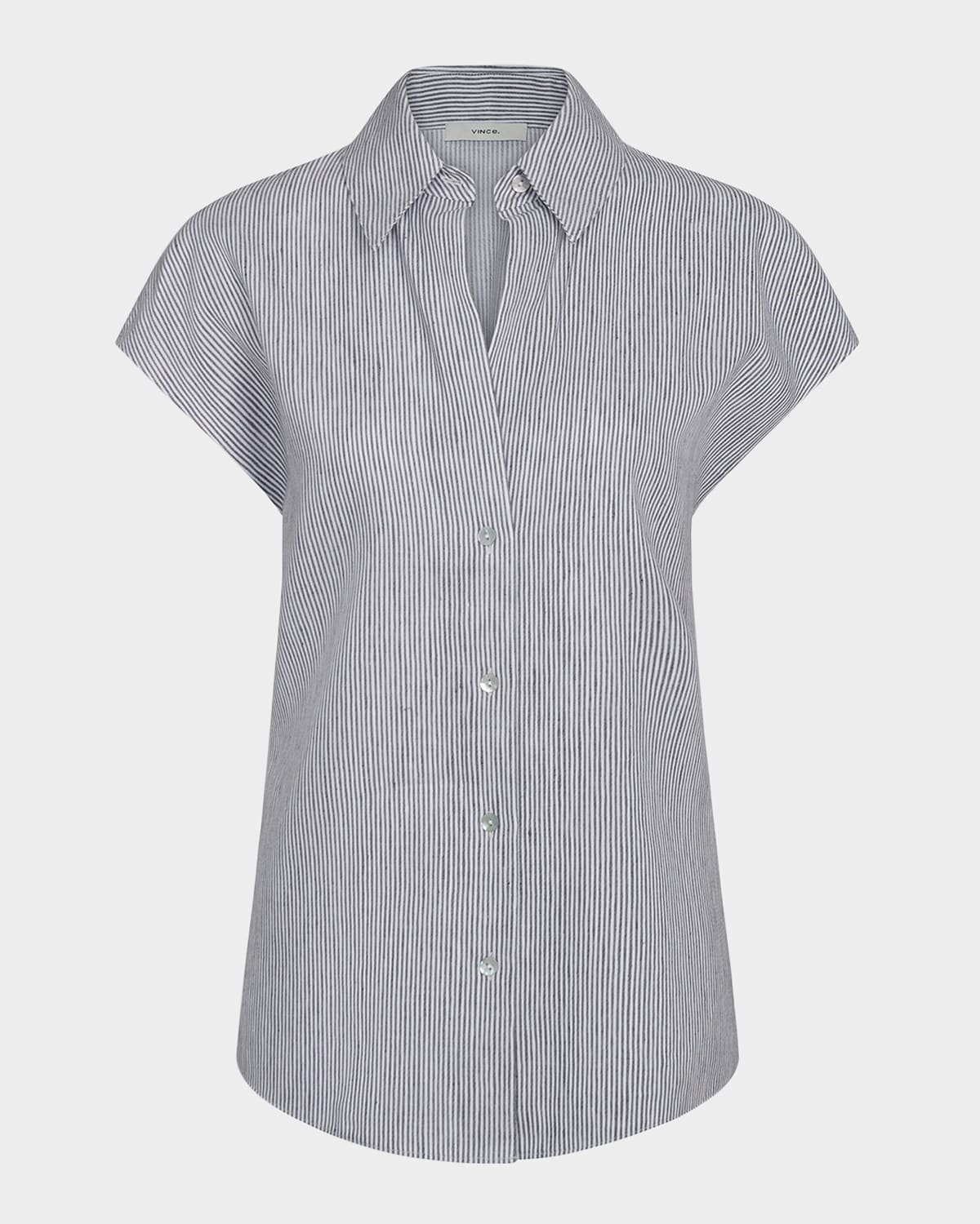 Shop Vince Ticking Stripe Cap-sleeve Blouse In Iris Slateoff White