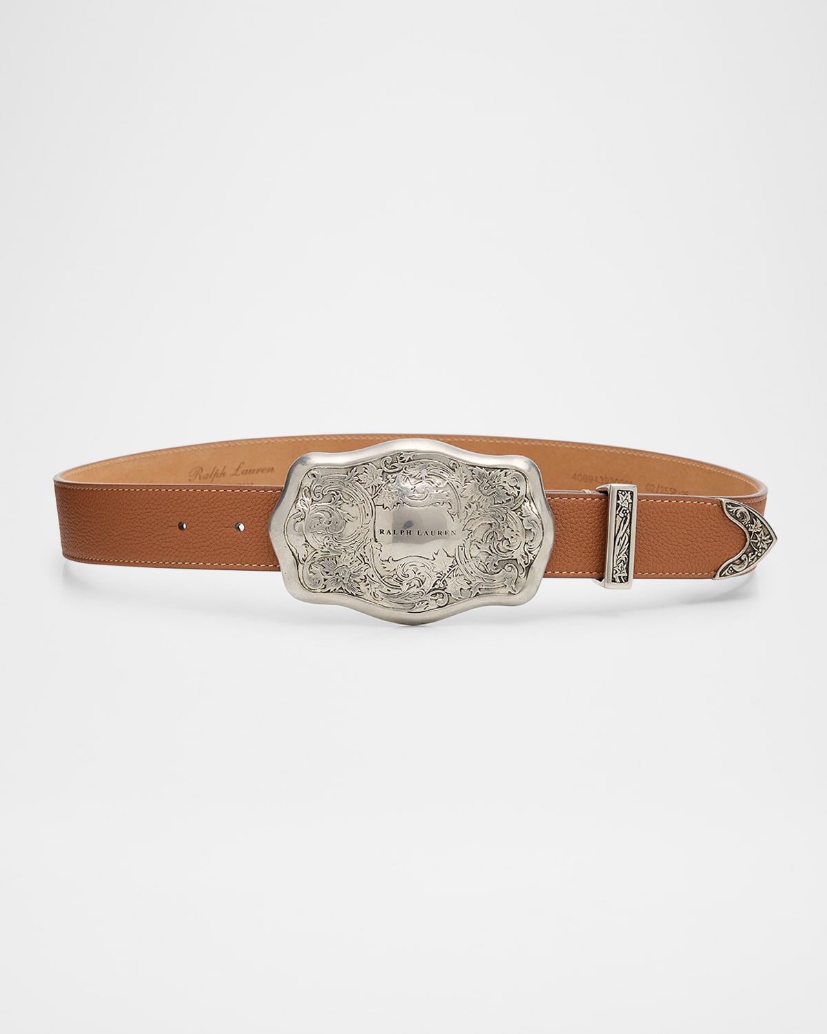 Ralph Lauren Tooled-buckle Pebbled Calfskin Western Belt In Brown