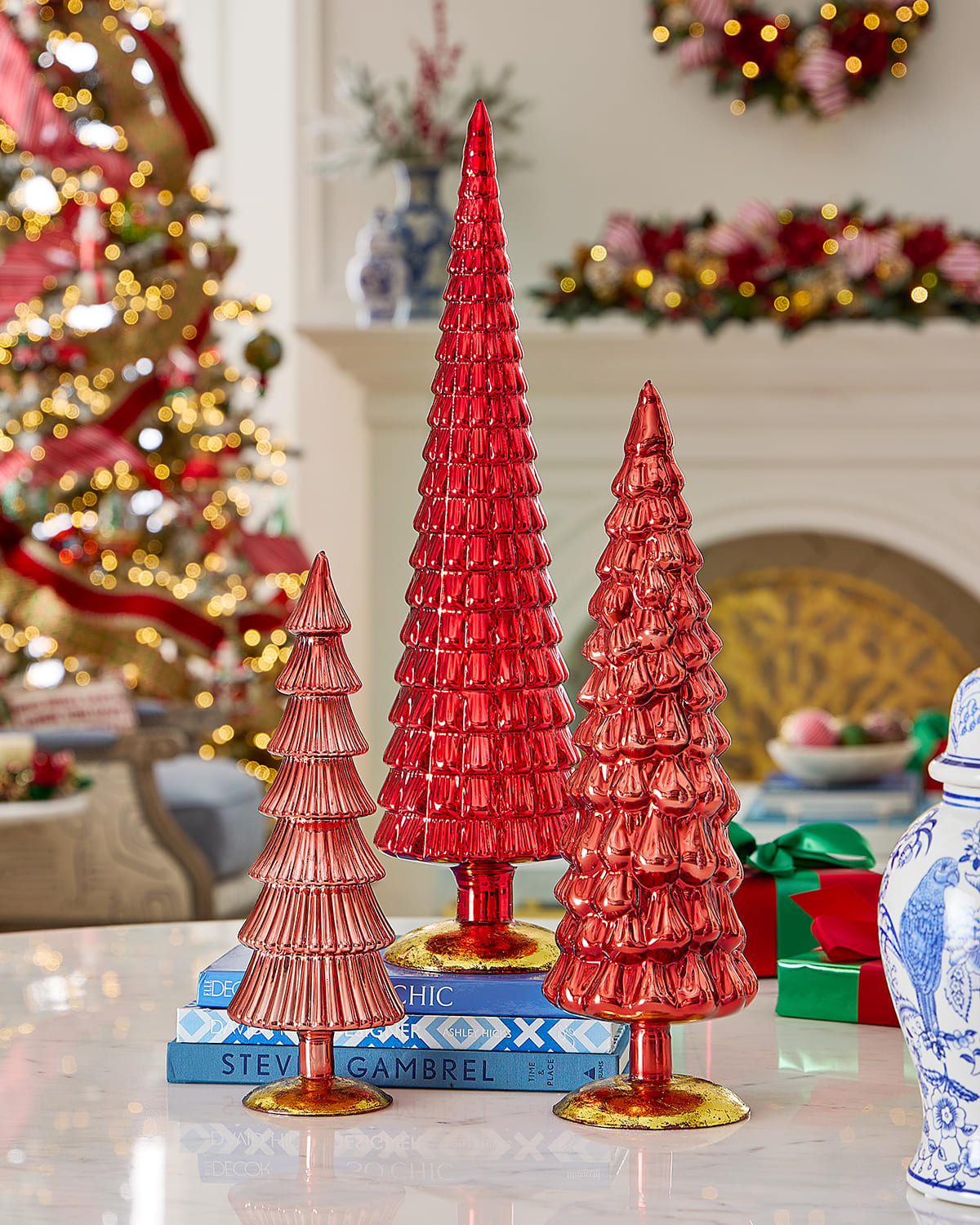 Cody Foster & Co Red Large Hue Trees, Set Of 3 In Red