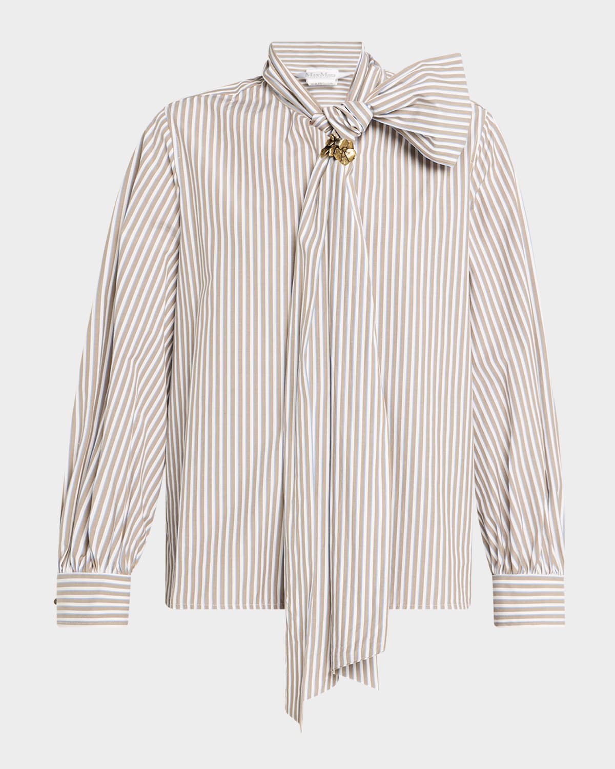 Max Mara Disco Tie-neck Striped Cotton Top In Brown