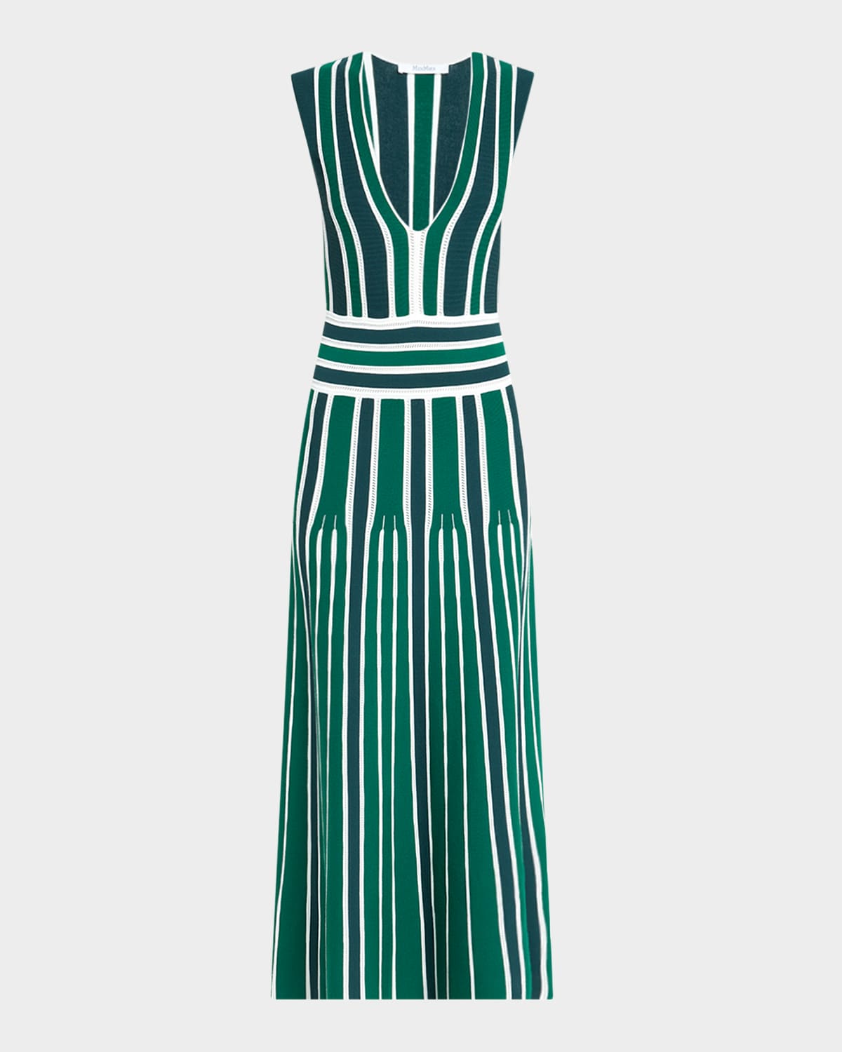 Max Mara Tallone Plunging Stripe Pleated Knit Midi Dress In Green