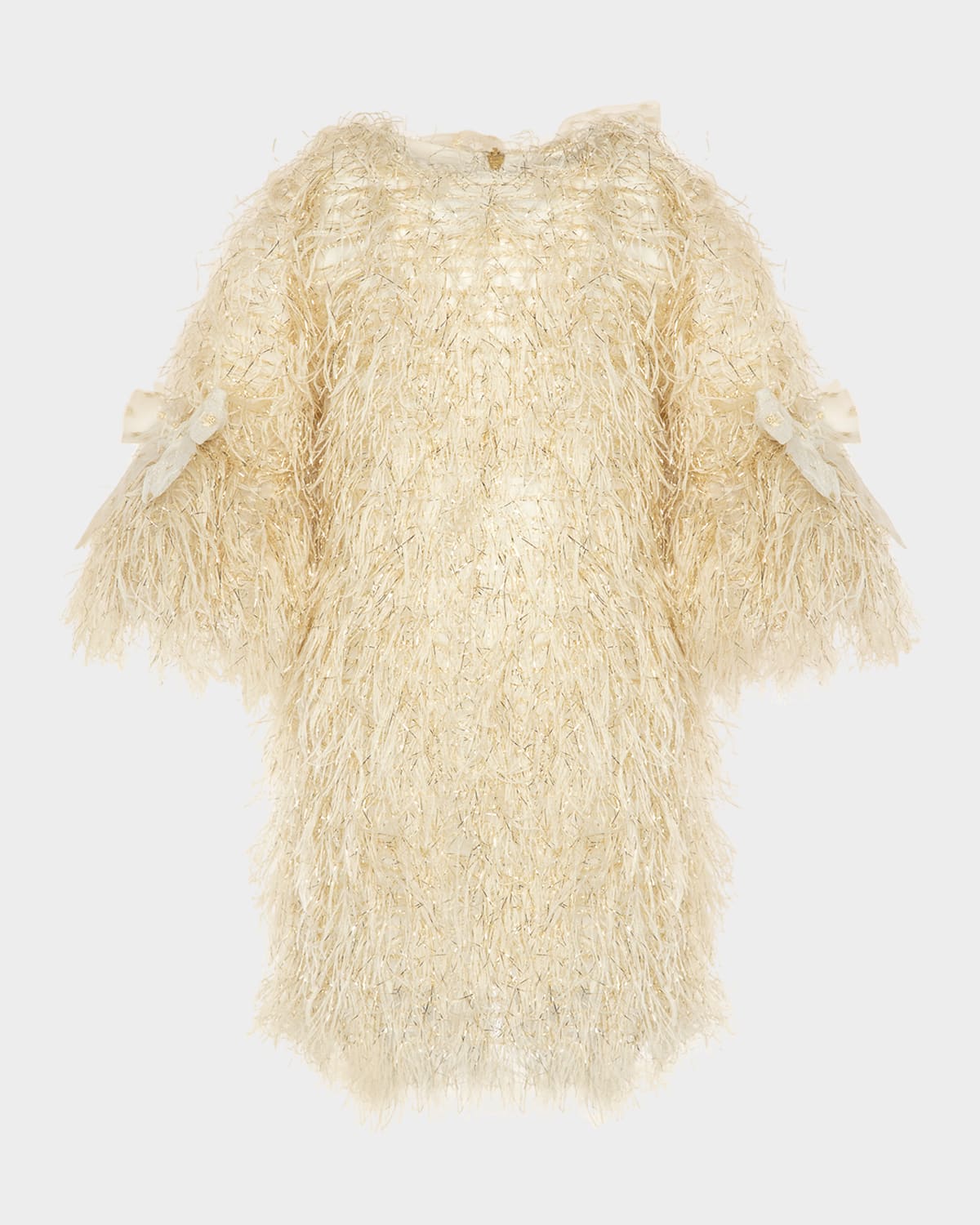 Shop Mama Luma Girl's Fringe-sleeve Feathered Dress In Gold