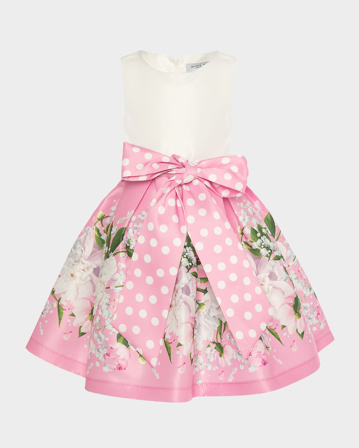 Mama Luma Girl's Sleeveless Floral & Polka Dot Dress With Bow In Pink
