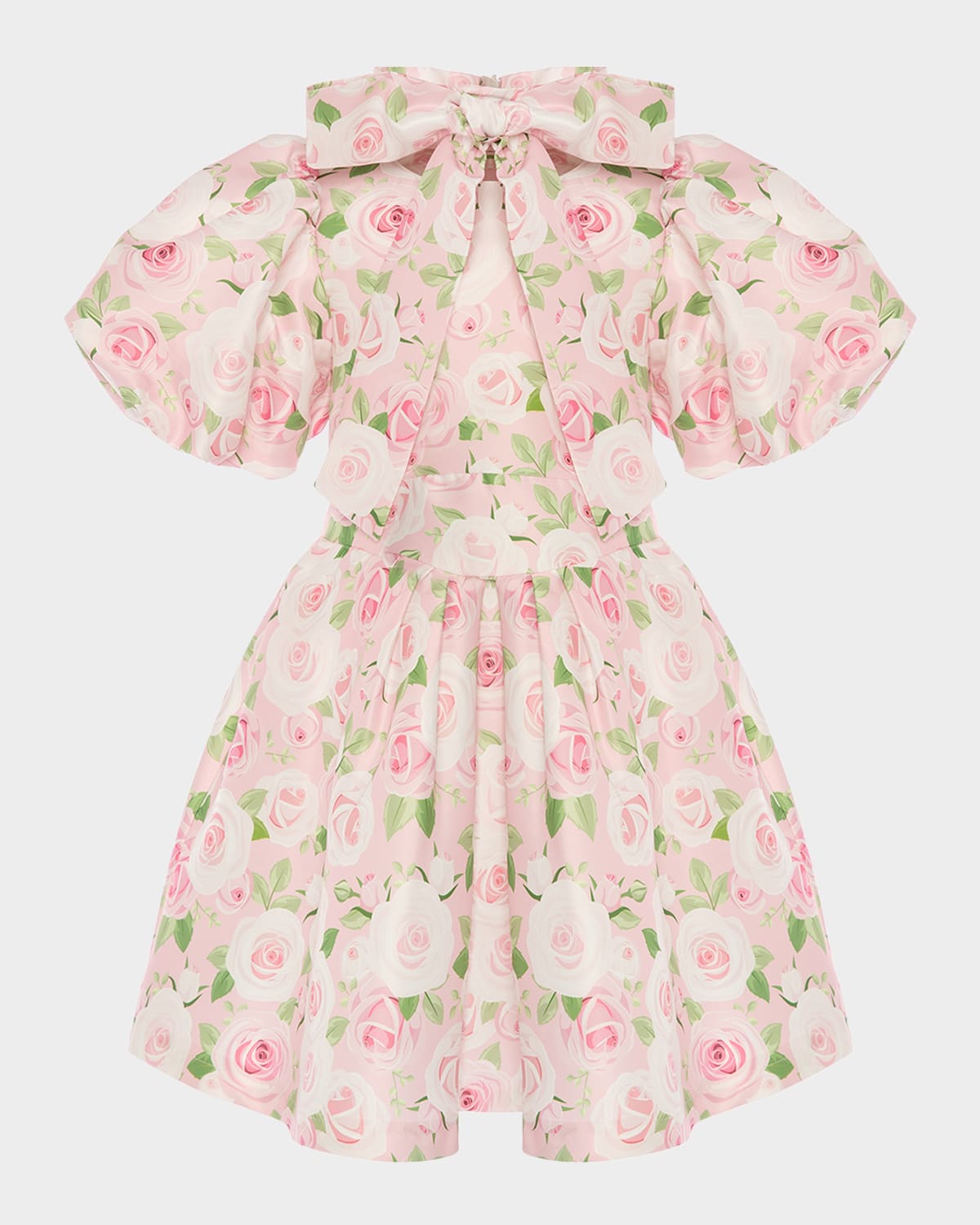 Mama Luma Girl's Floral Puff-Sleeve Dress with Bow, Size 3T-12