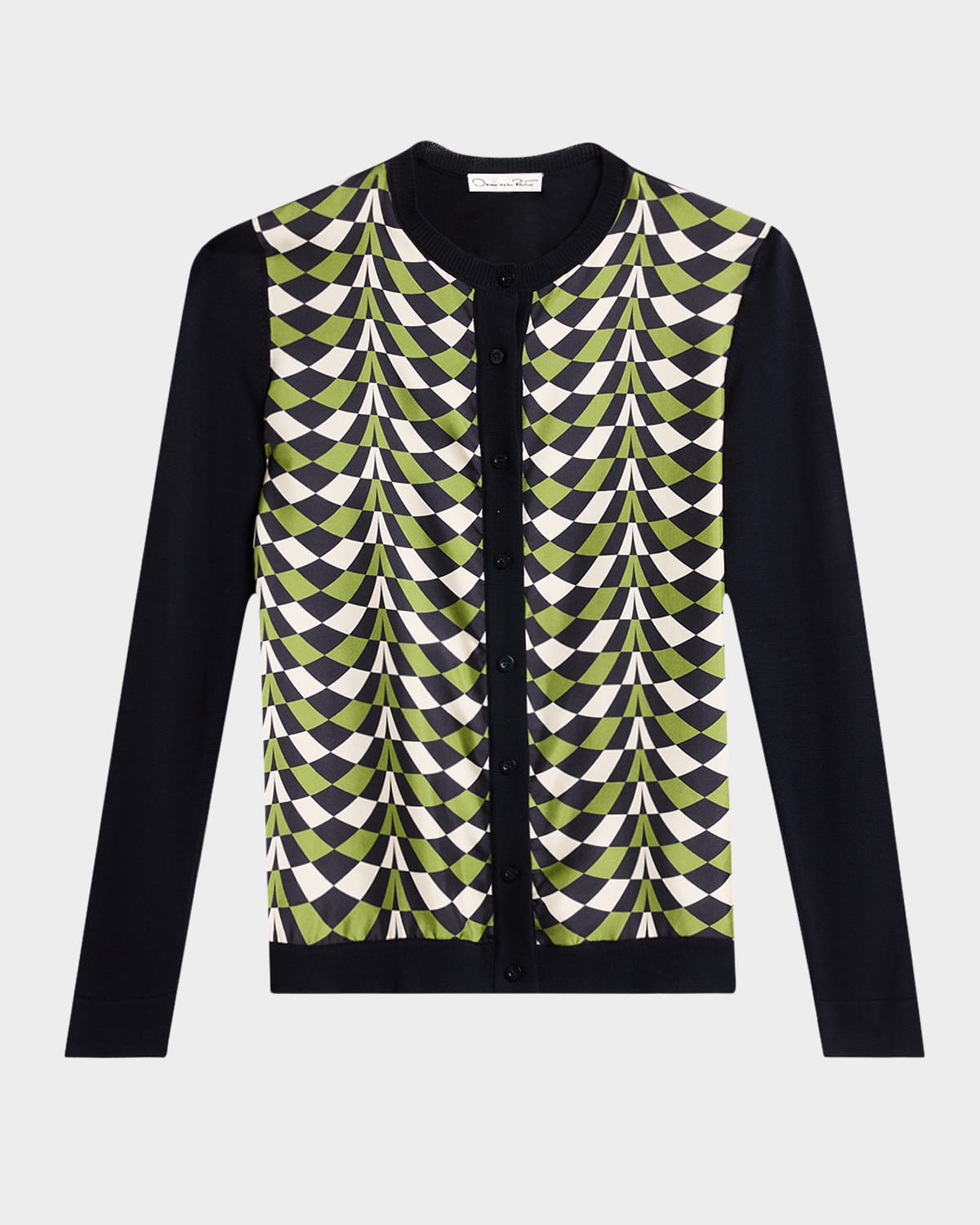 OSCAR DE LA RENTA GEO-PRINT SILK INSERT CREWNECK CARDIGAN 