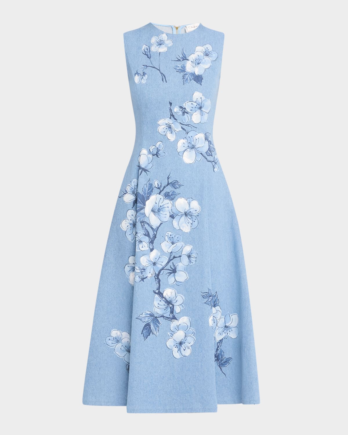 Cherry Blossom Printed Denim Sleeveless Midi Dress