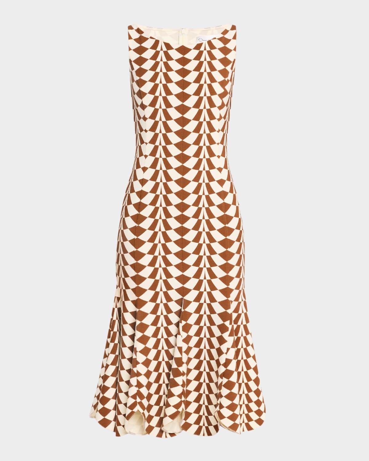 Oscar De La Renta Sleeveless Geo Stretch Wool Scalloped Midi Dress