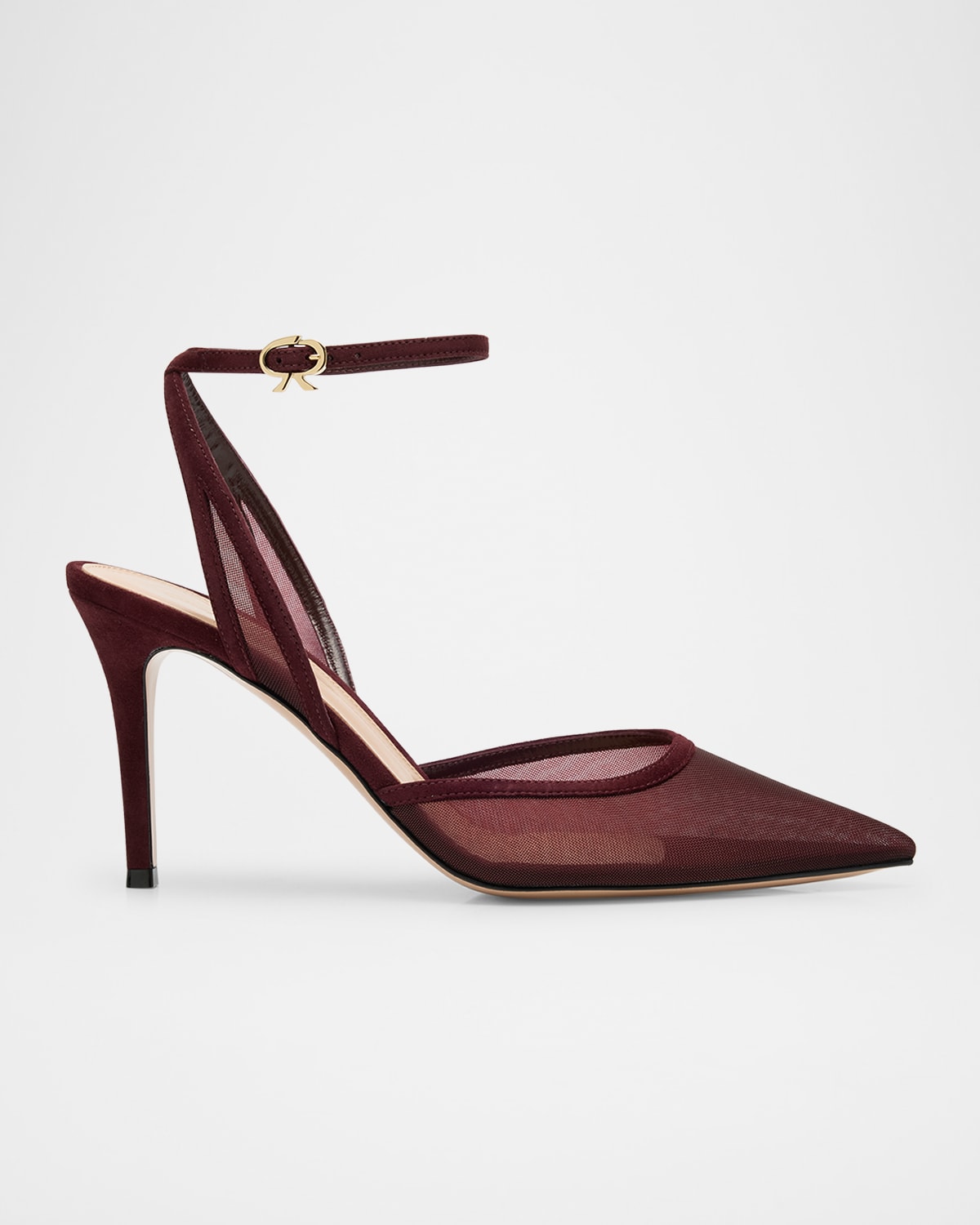 Gianvito Rossi Suede Organza Ankle-strap Pumps In Burgundy