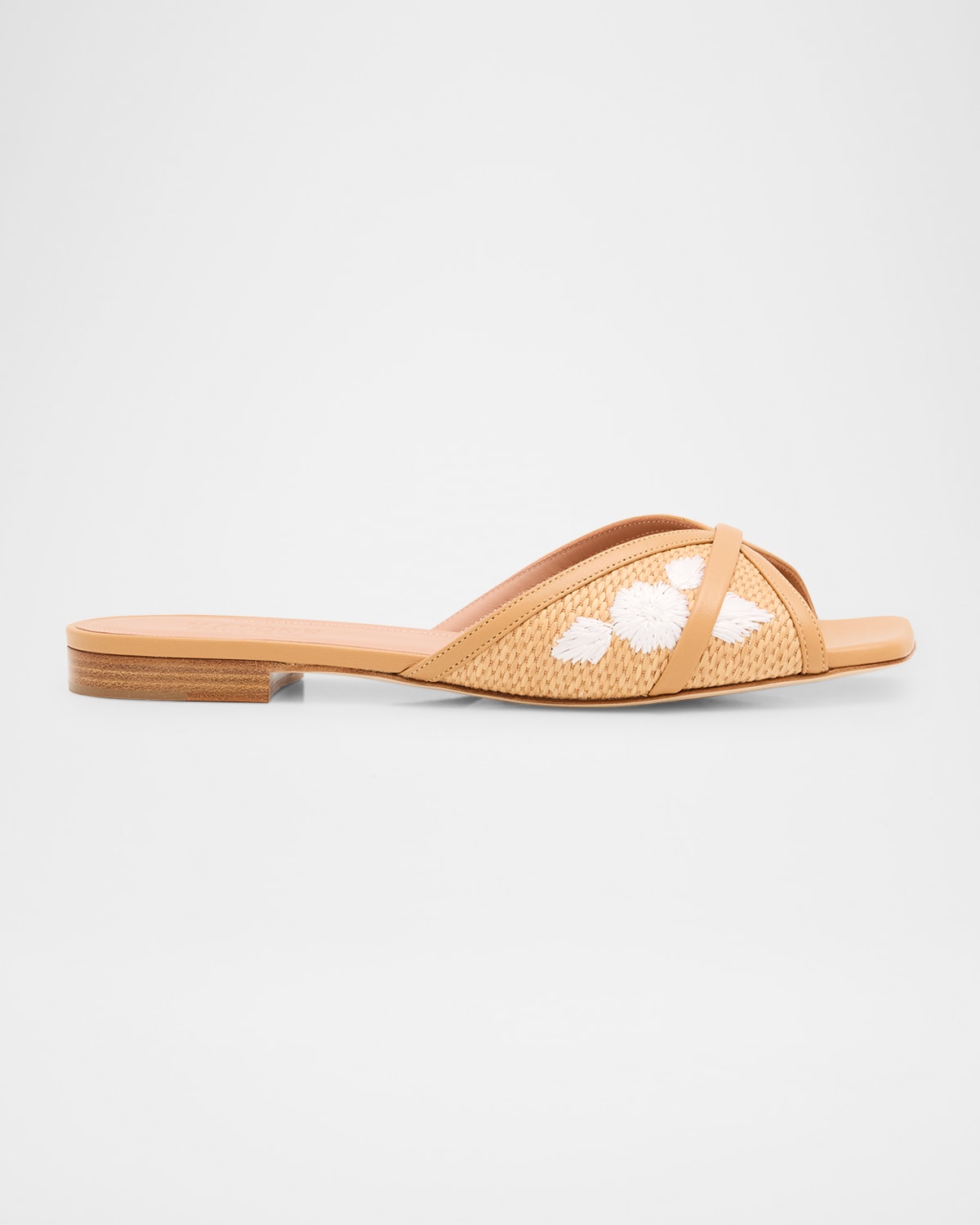 Shop Malone Souliers Perla Embroidered Raffia Flat Slide Sandals In Camel Honey