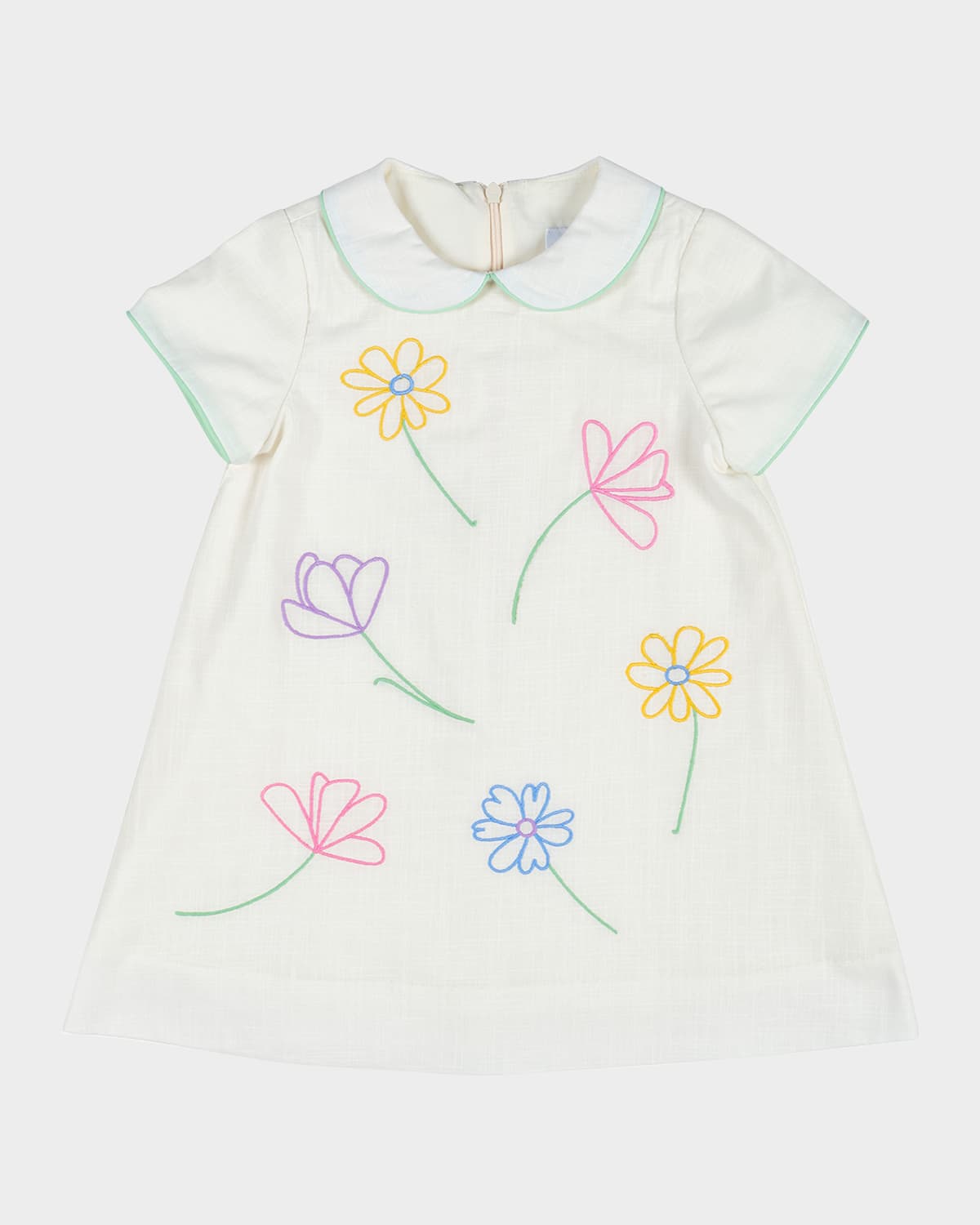 Shop Florence Eiseman Girl's Linen Dress W/ Embroidered Flowers In Ivory