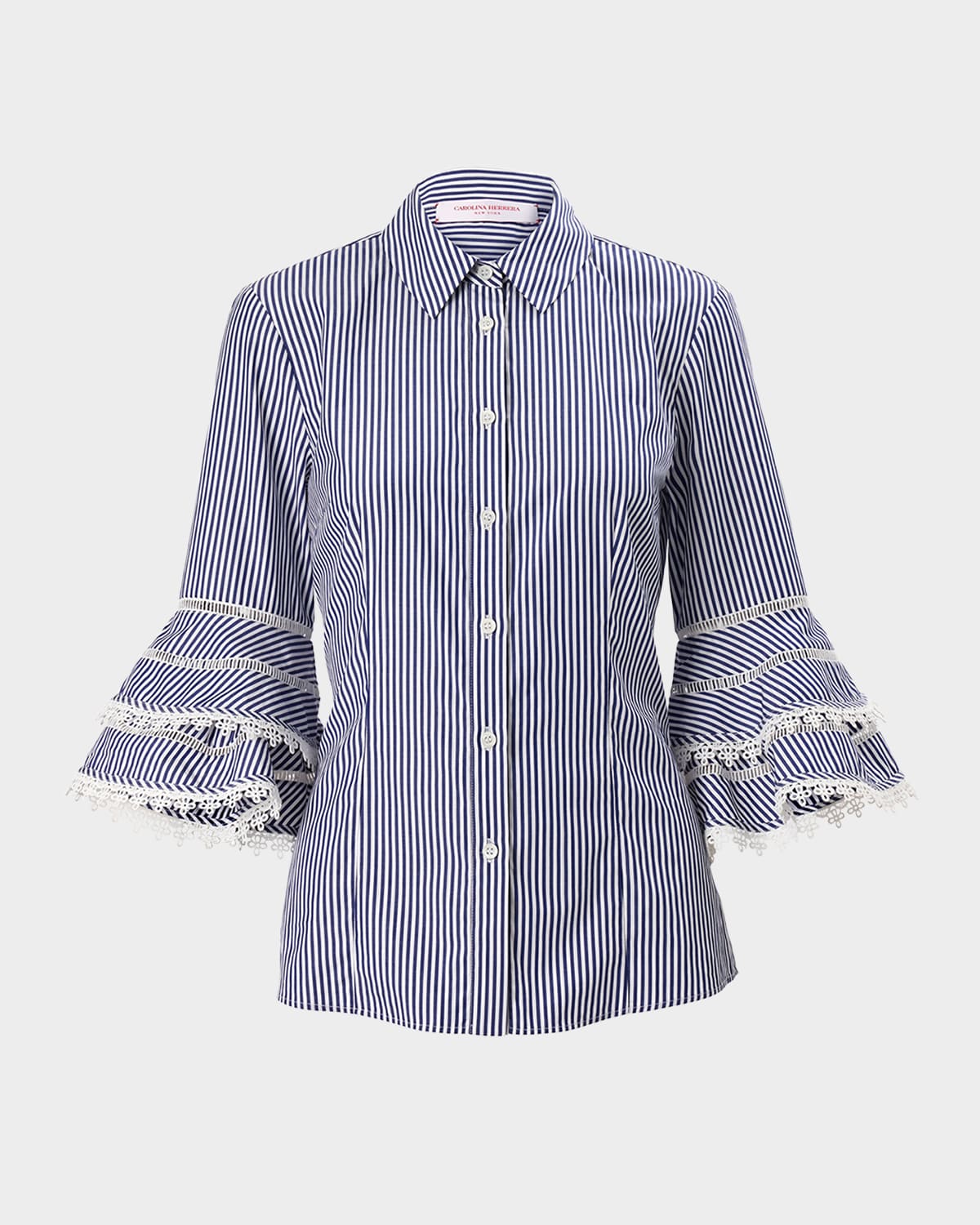 Carolina Herrera Stripe Tiered Ruffle Sleeve Button Down Top