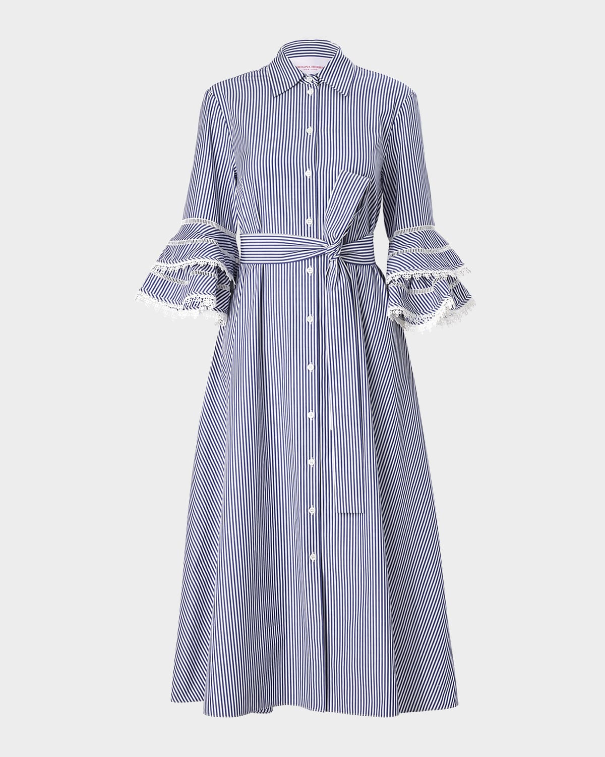 Carolina Herrera Stripe Tiered Ruffle Sleeve Belted Poplin Shirtdress In Multi