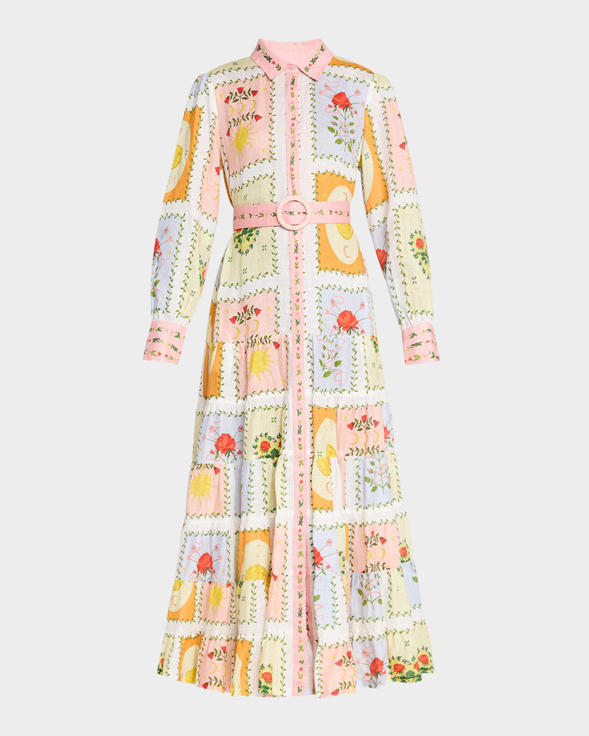 Palm Noosa Aria Tiered Tile-print Linen Maxi Shirtdress In Siesta Tile