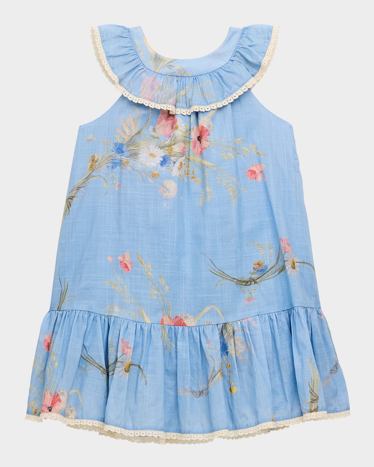 Zimmermann Girl's Lucky Kids Lattice-trim Dress In Blue Bouquet Floral