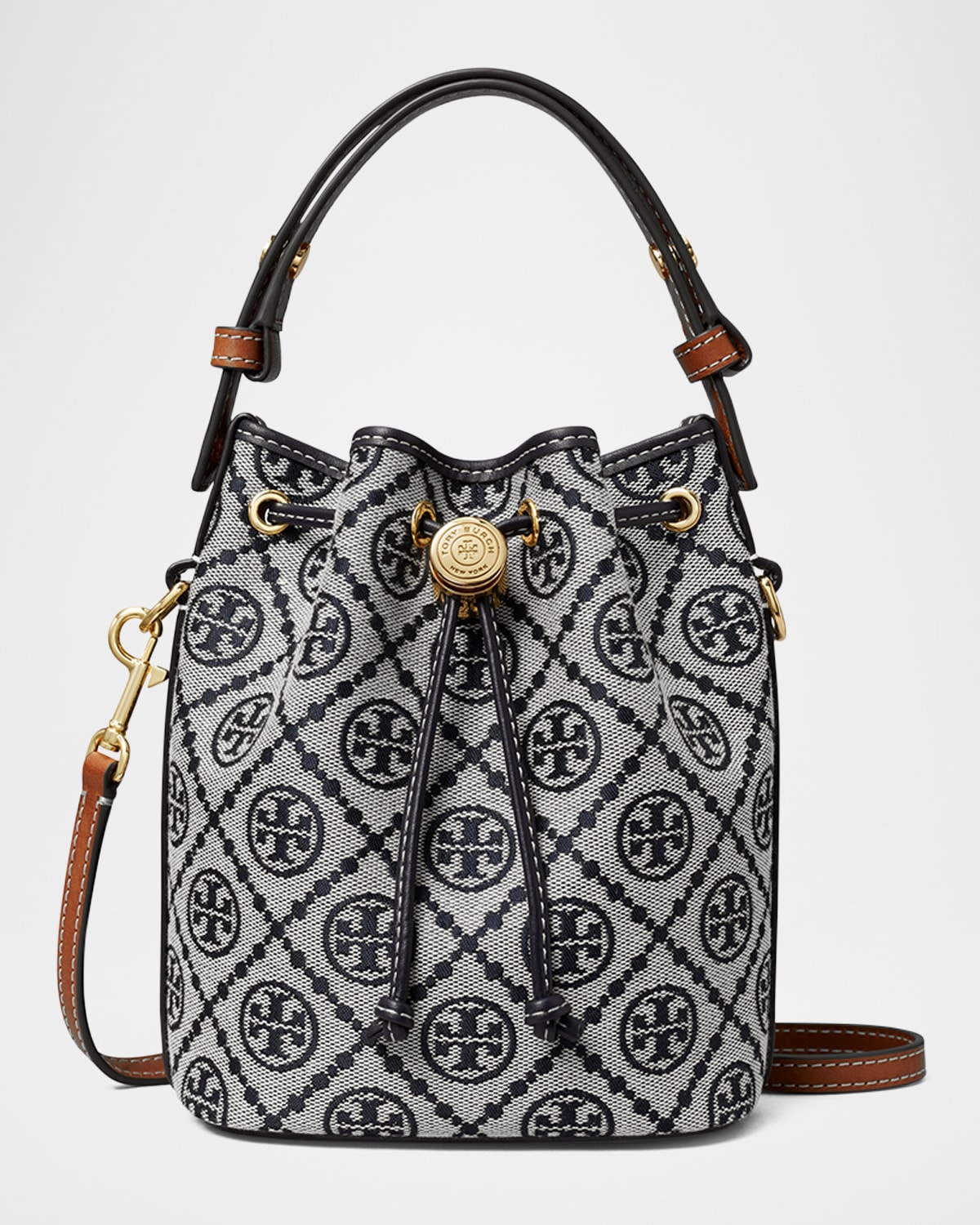 Tory Burch Mini T Monogram Canvas Bucket Bag In Tory Navy